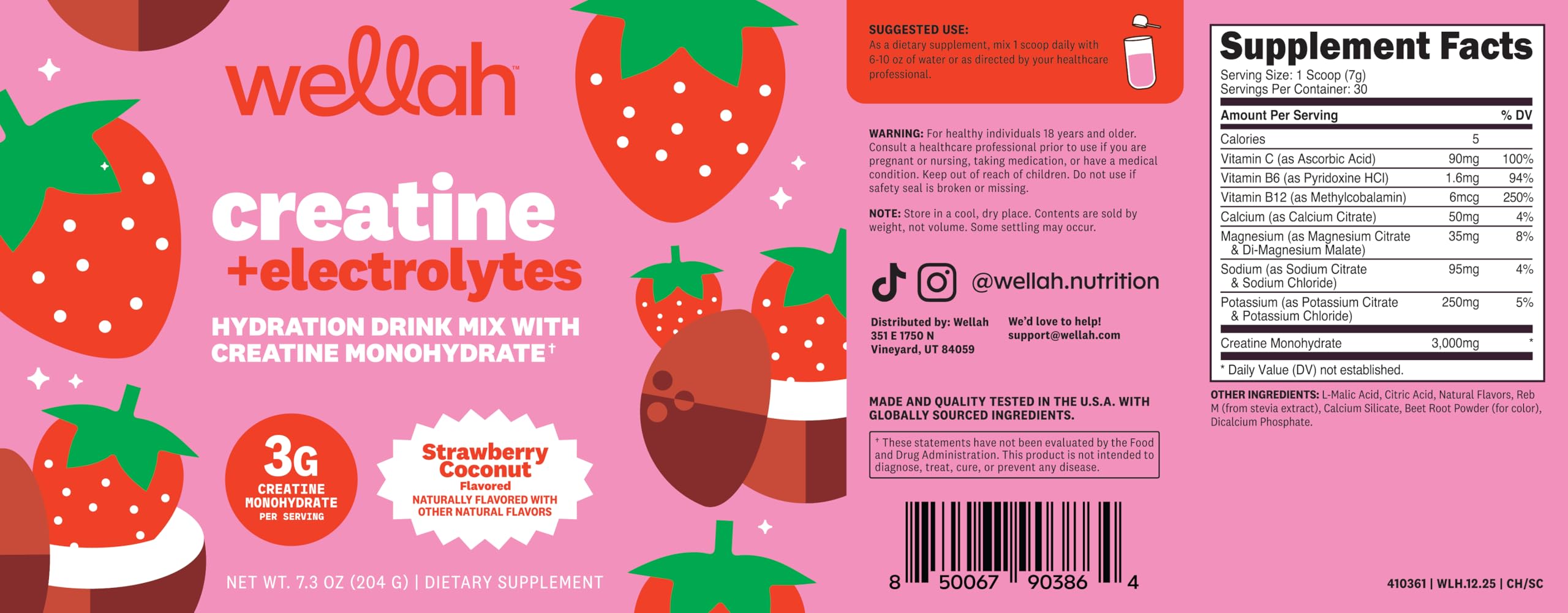 Wellah Creatine + Electrolytes Powder packaging with ingredients list