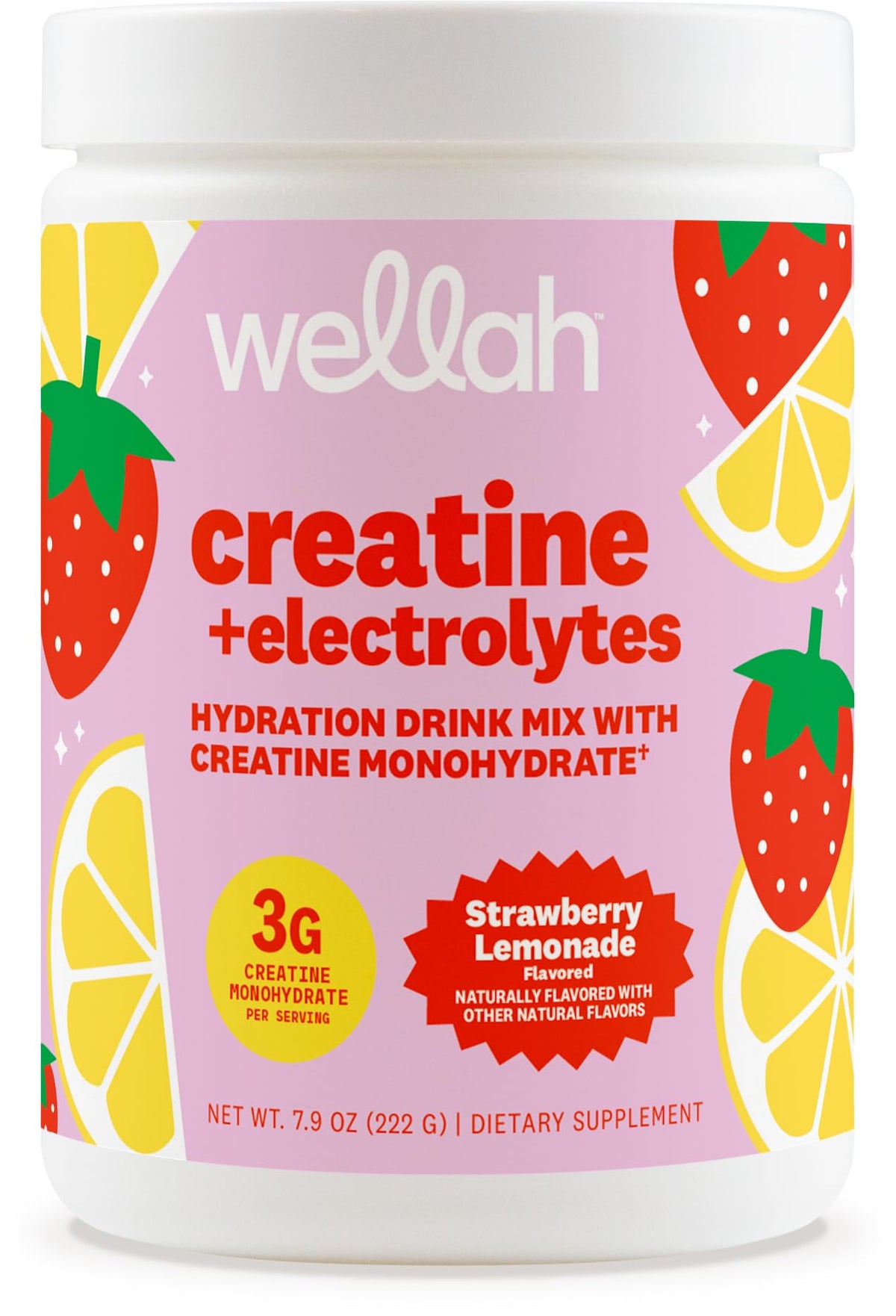 Wellah Creatine + Electrolytes Powder Strawberry Lemonade front view