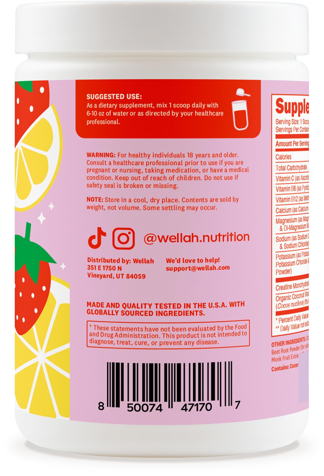 Wellah Creatine + Electrolytes Powder Strawberry Lemonade nutrition label