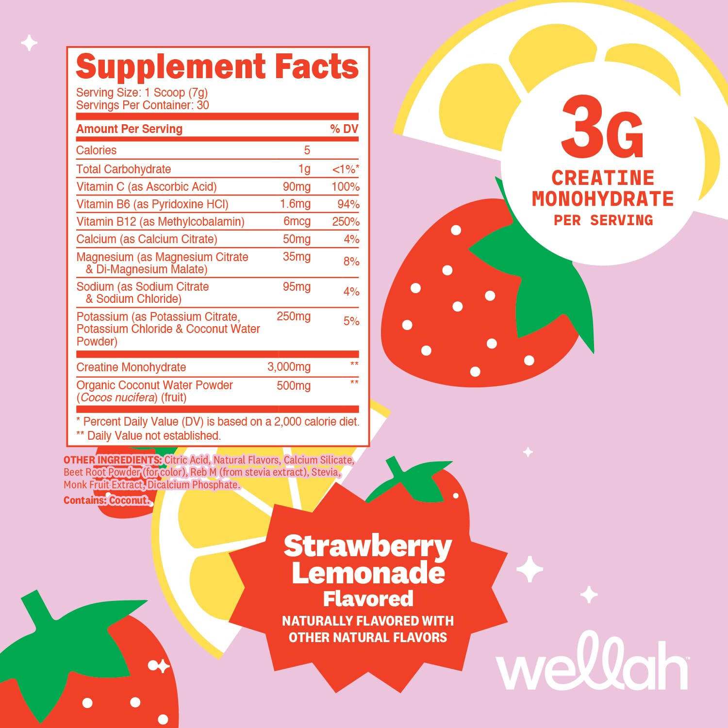 Wellah Creatine + Electrolytes Powder Strawberry Lemonade side view