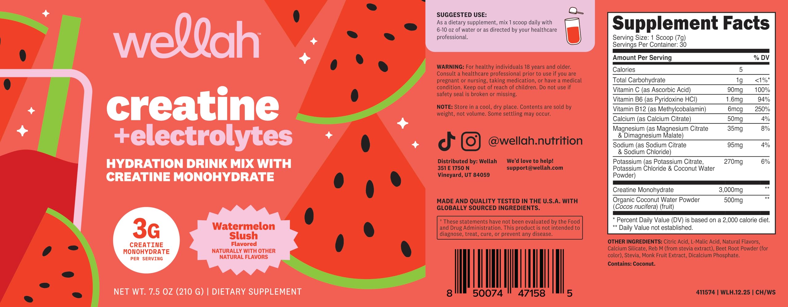 Wellah Creatine + Electrolytes Powder Watermelon Slush lifestyle scene with shaker bottle
