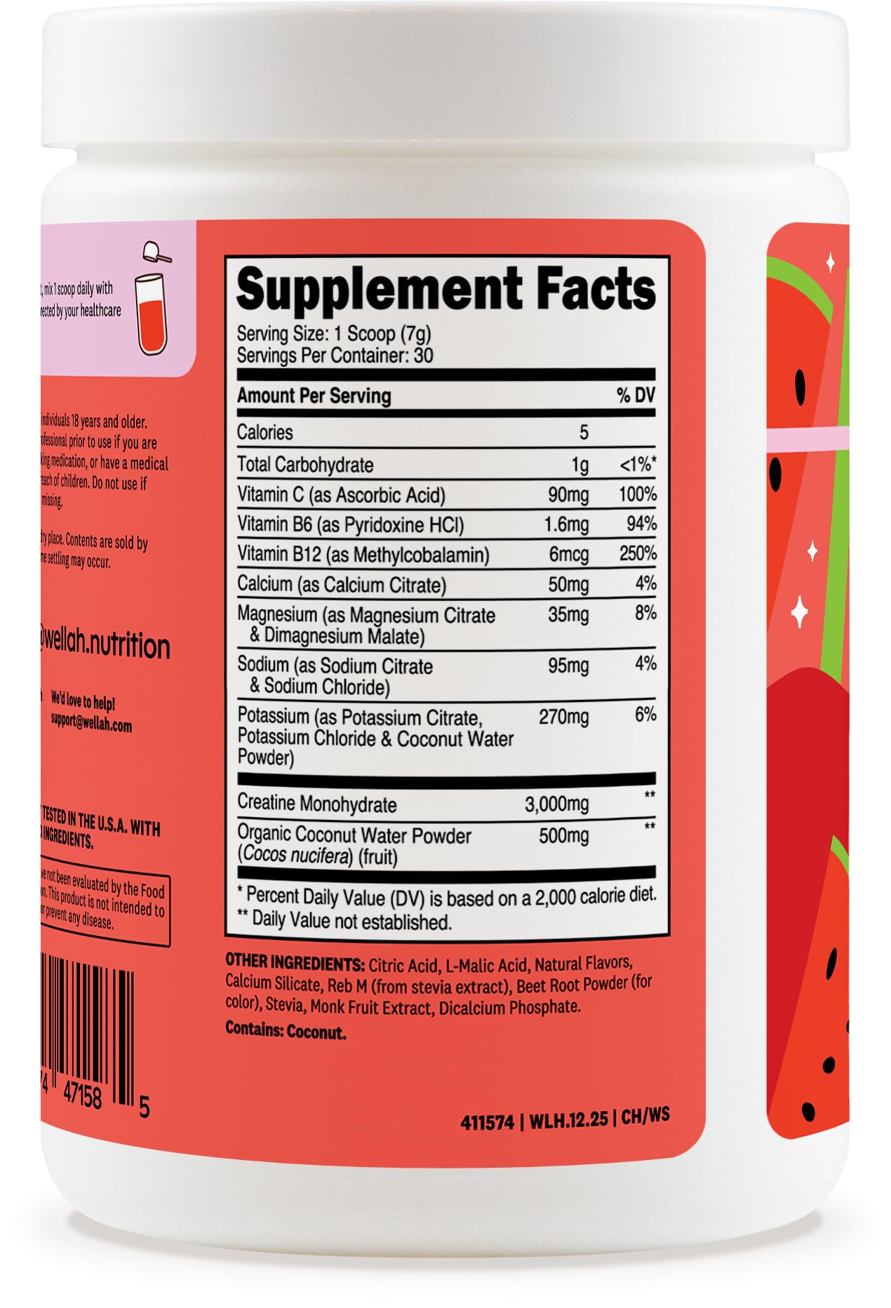 Wellah Creatine + Electrolytes Powder Watermelon Slush serving scoop and powder