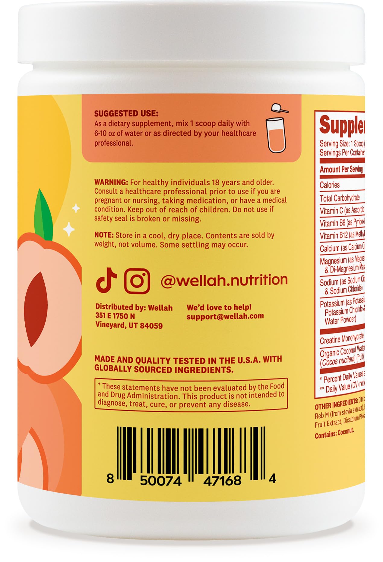 Wellah Creatine + Hydration Powder Peach Mango nutritional information