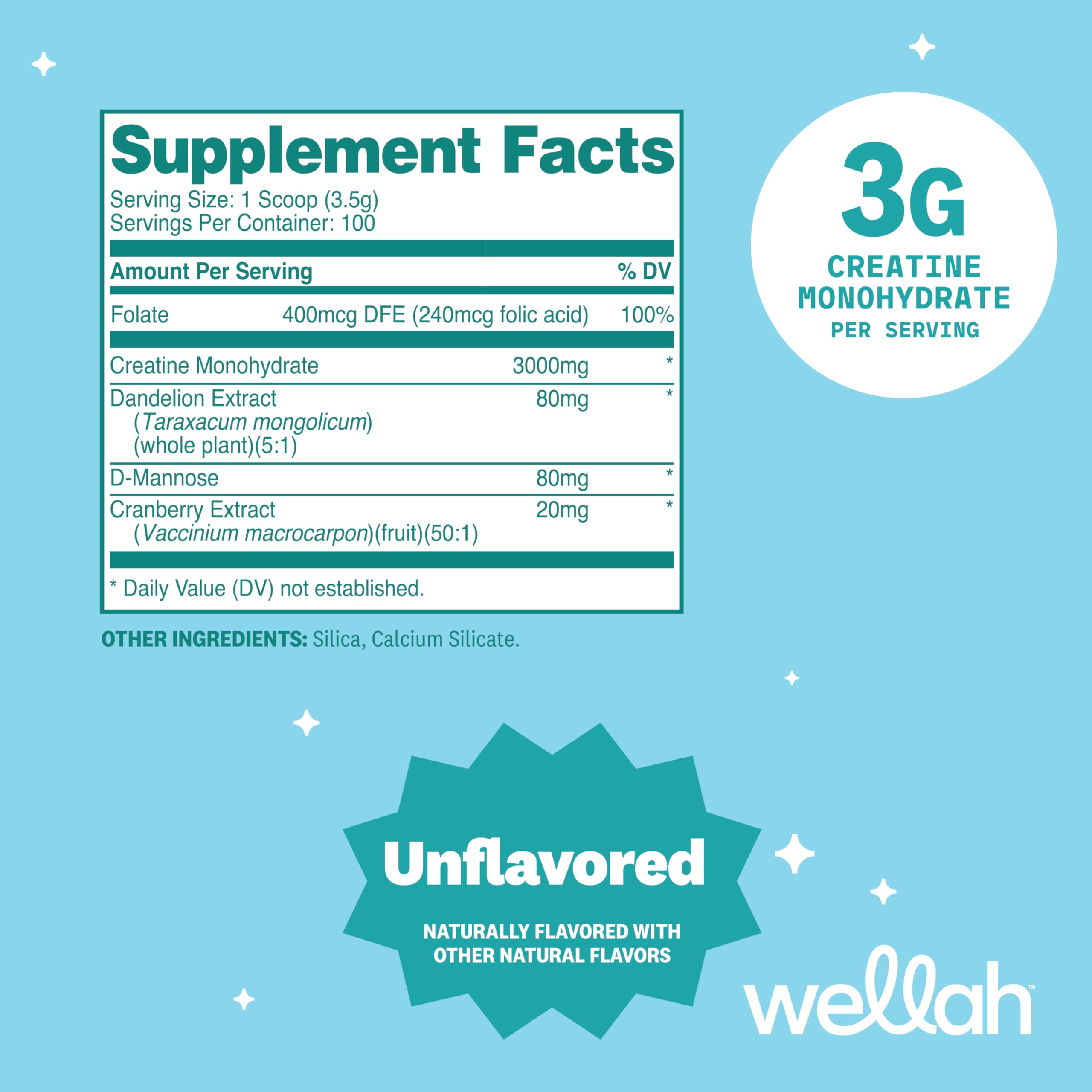 Wellah Creatine Monohydrate 422g back view with ingredient list