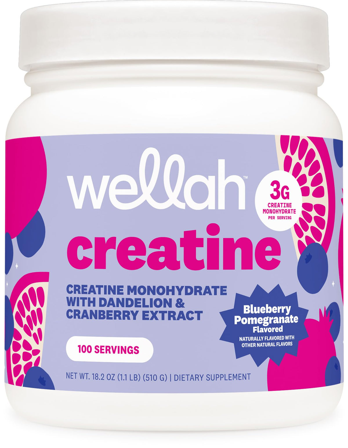 Wellah Creatine Monohydrate Powder Blueberry Pomegranate front view