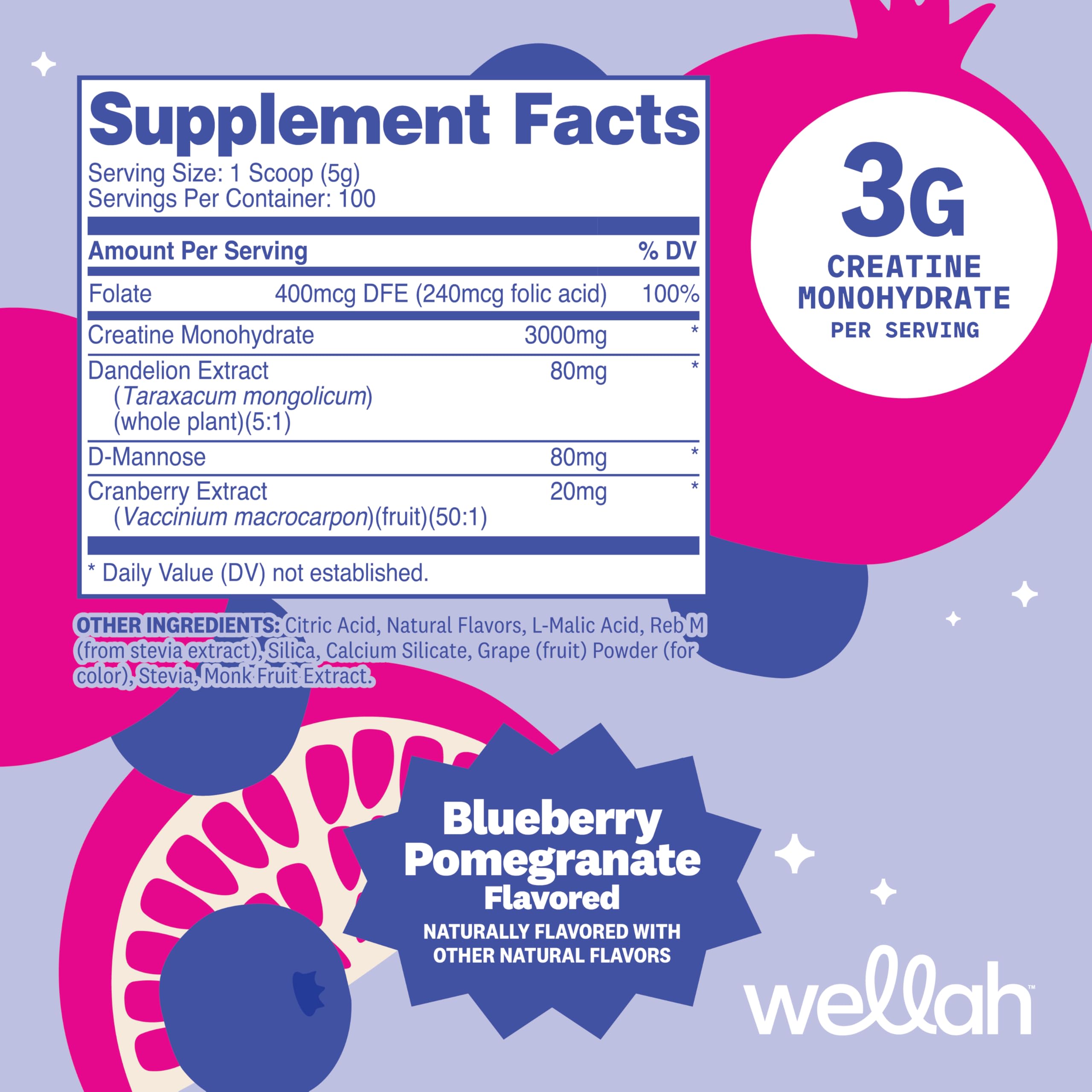 Wellah Creatine Monohydrate Powder Blueberry Pomegranate nutritional information