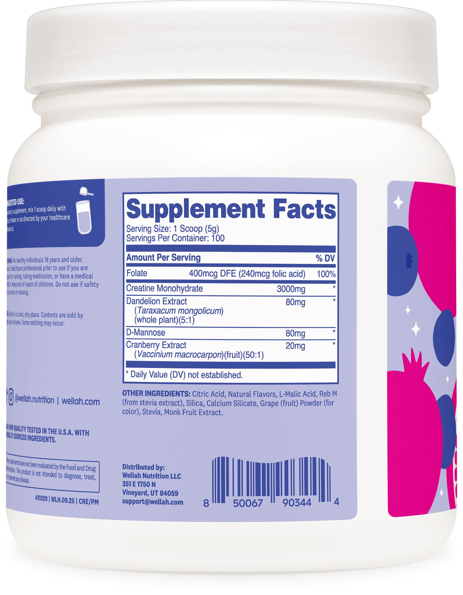 Wellah Creatine Monohydrate Powder Blueberry Pomegranate packaging side view