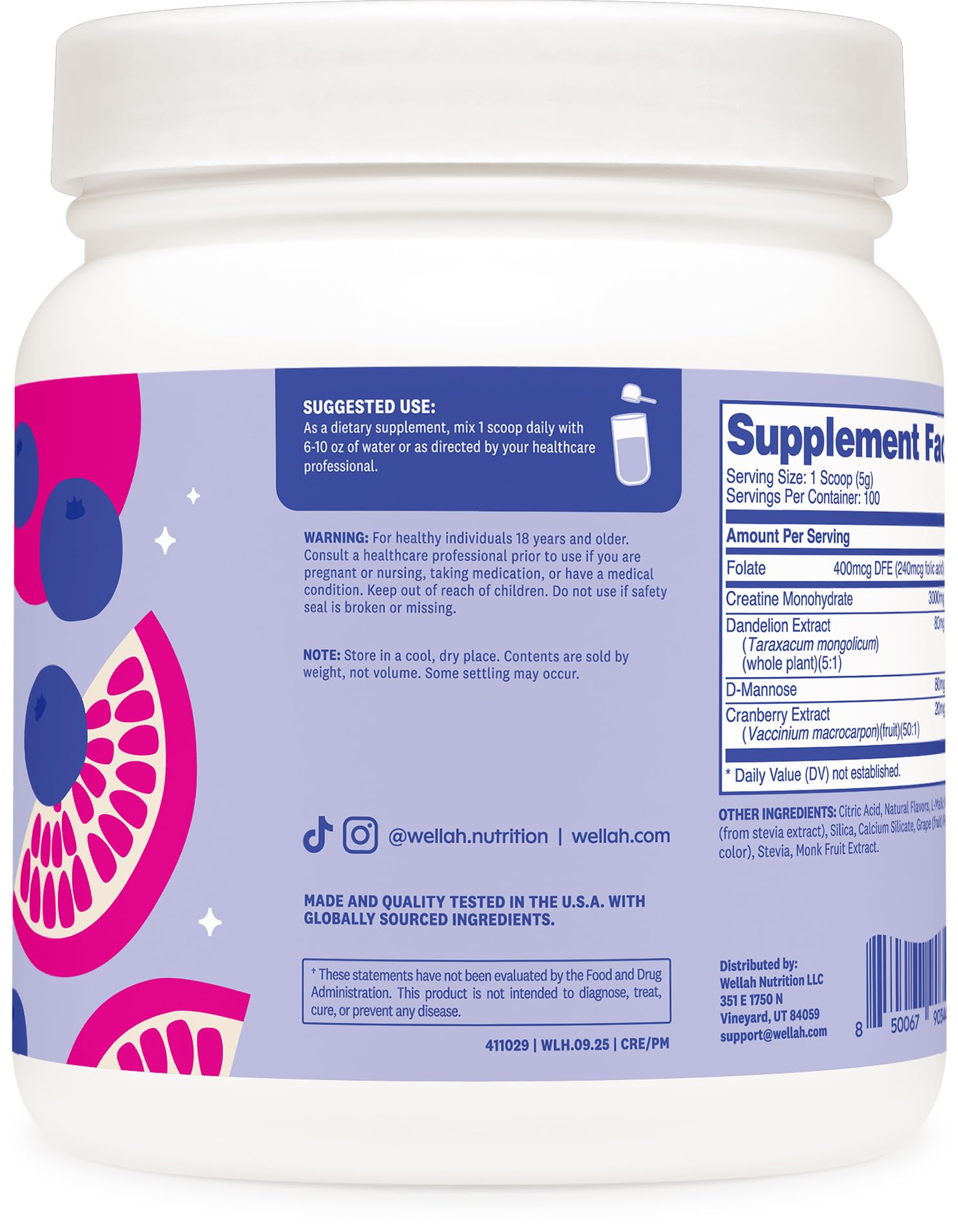 Wellah Creatine Monohydrate Powder Blueberry Pomegranate scoop with powder