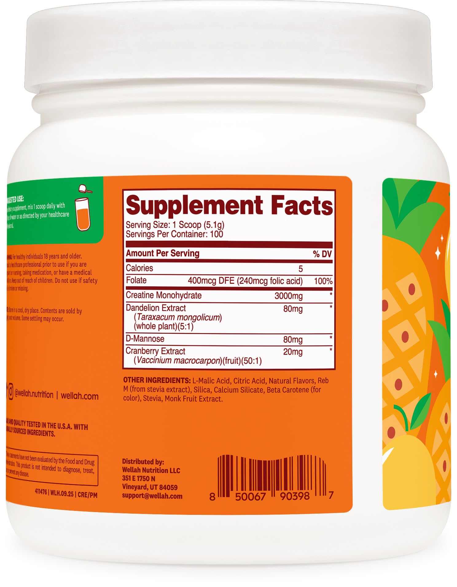 Wellah Creatine Monohydrate Powder Pineapple Mango bottle packaging