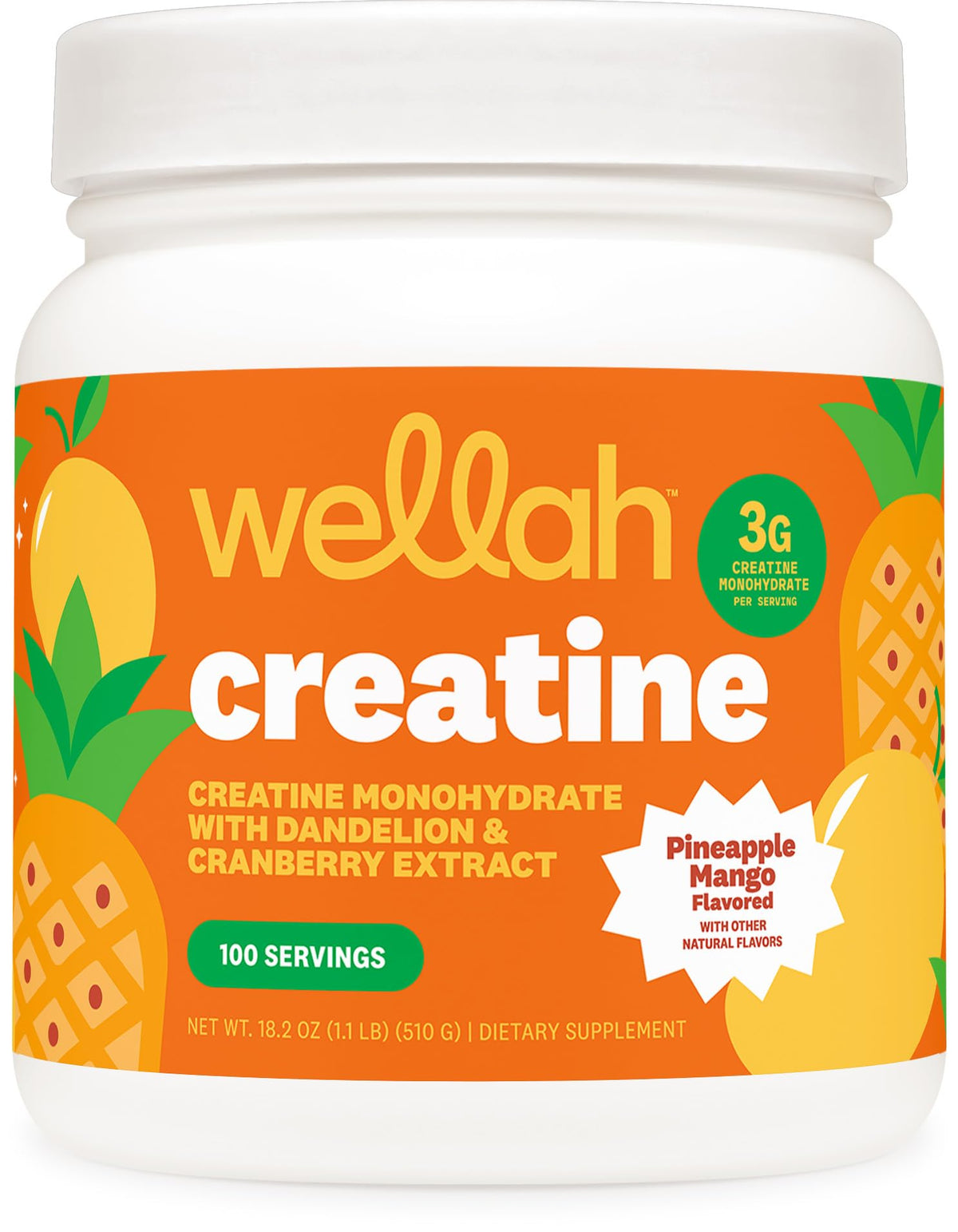 Wellah Creatine Monohydrate Powder Pineapple Mango front view