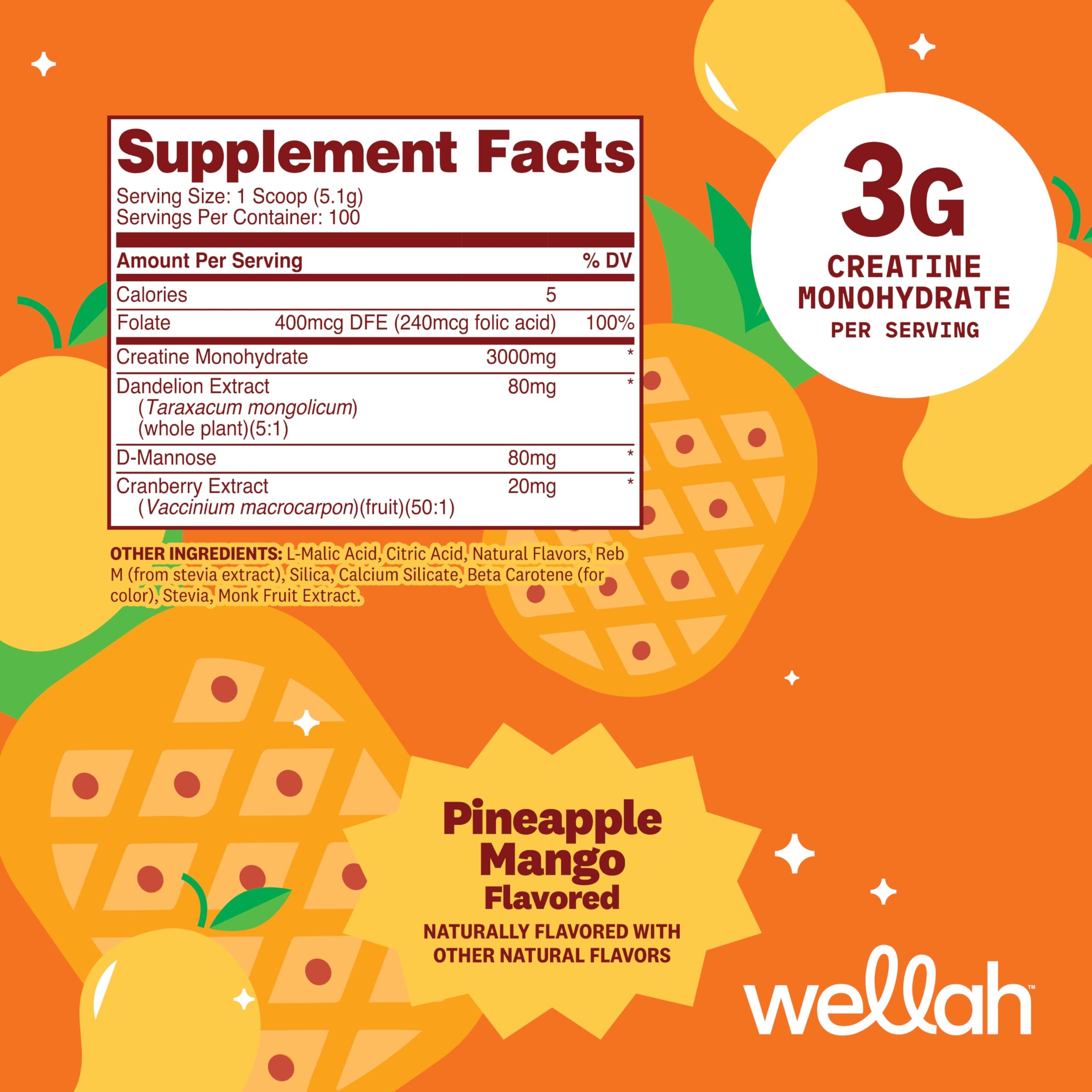 Wellah Creatine Monohydrate Powder Pineapple Mango nutritional information