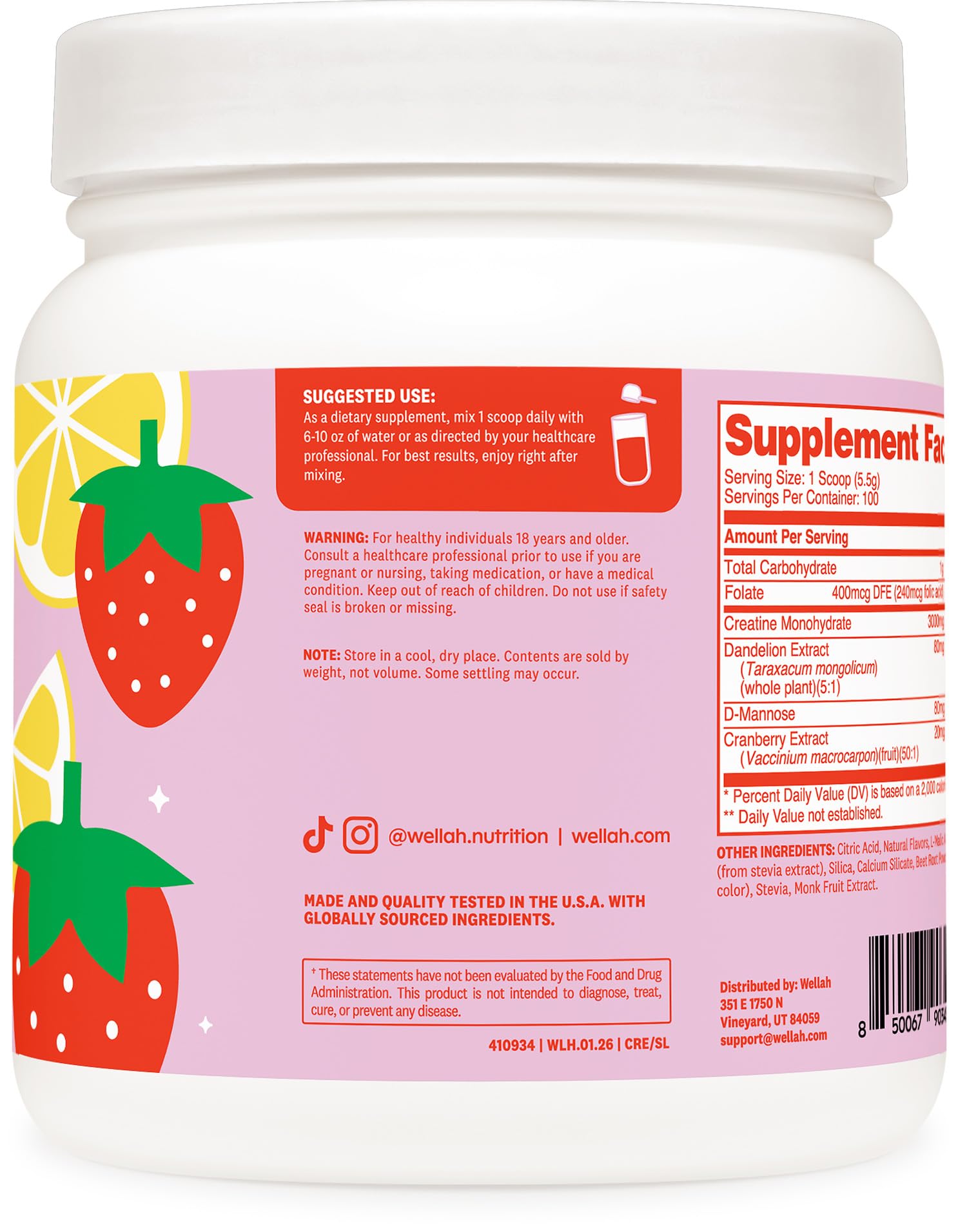 Wellah Creatine Monohydrate Strawberry Lemonade scoop with powder