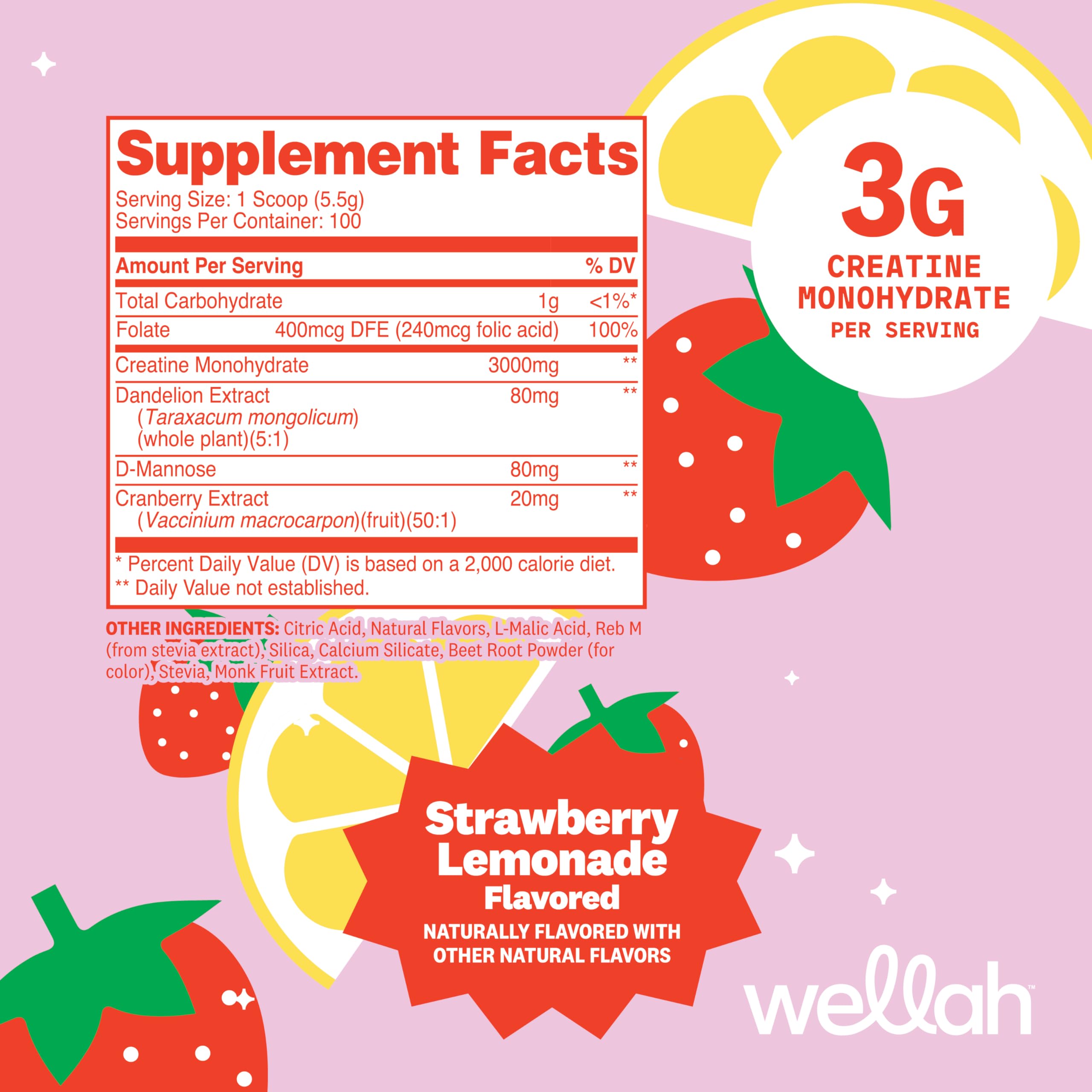 Wellah Creatine Monohydrate Strawberry Lemonade side view