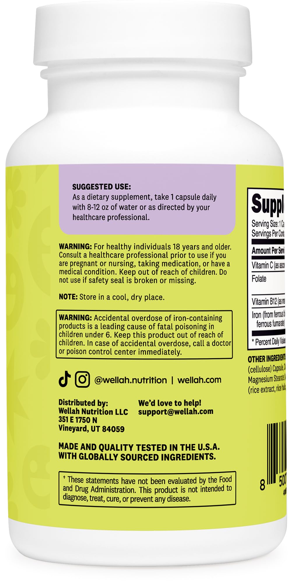 Wellah Iron Supplement for Women 65mg side view