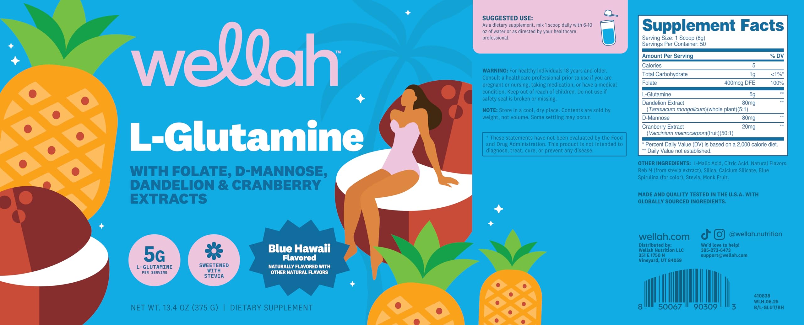 Wellah L-Glutamine 5G Blue Hawaii Flavour serving suggestion