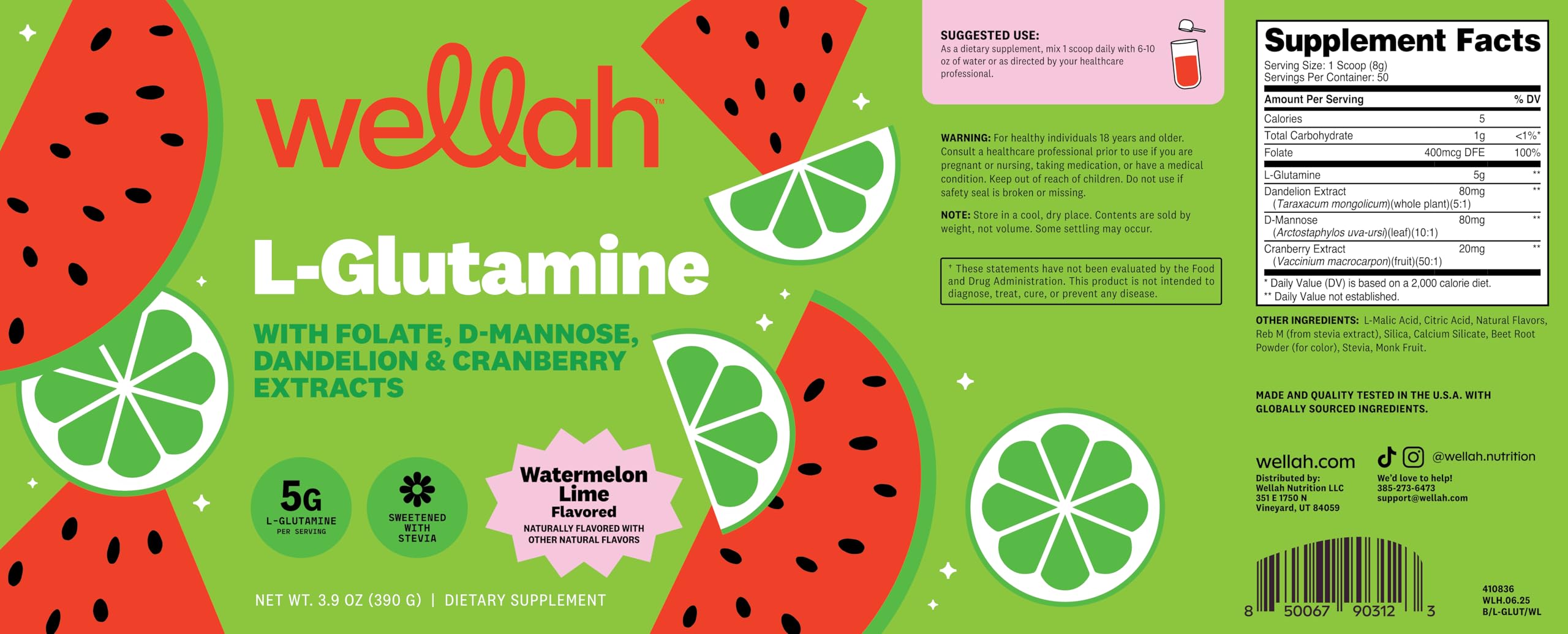 Wellah L-Glutamine Powder container with ingredients list