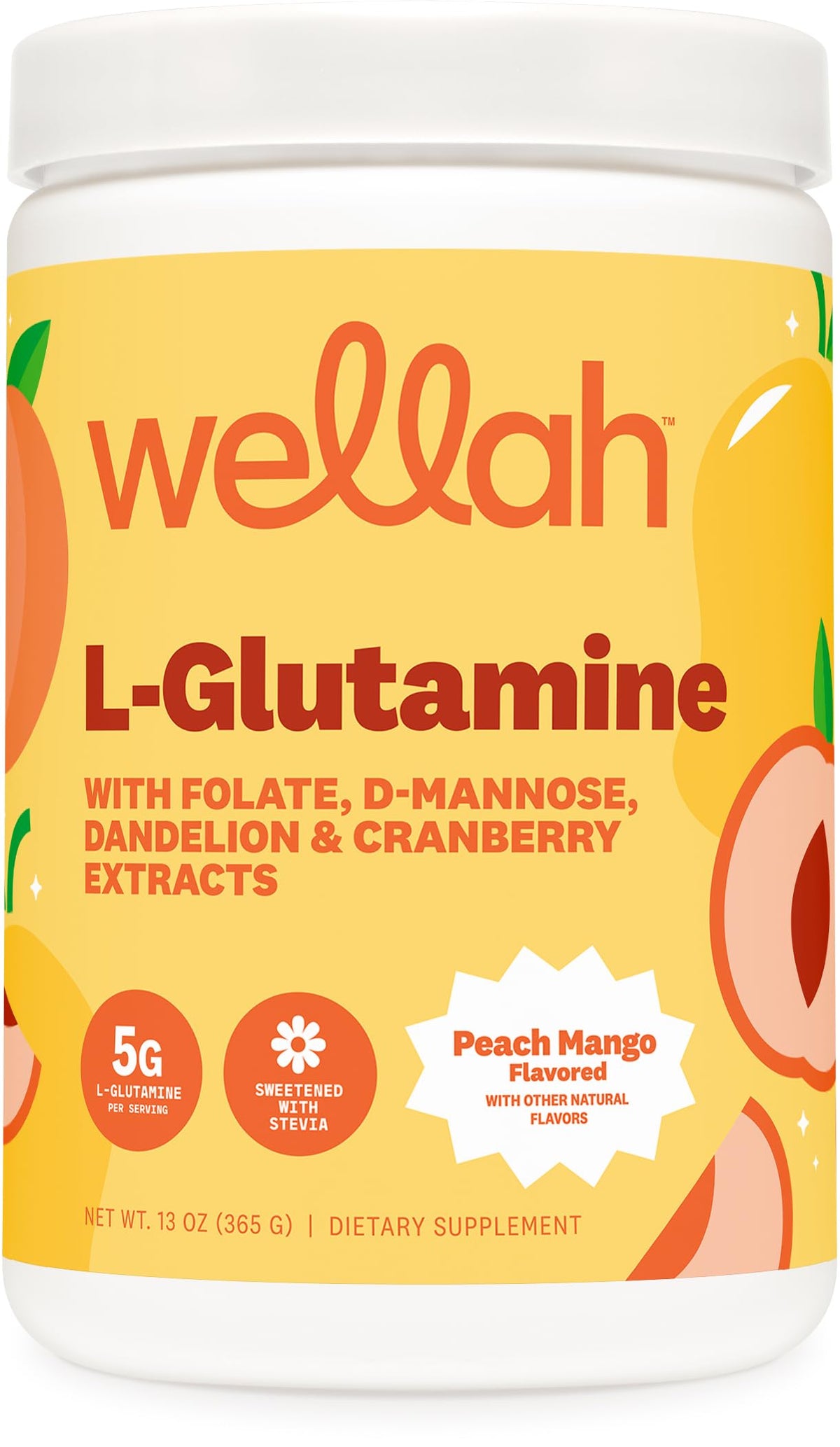 Wellah L-Glutamine Powder front view with Peach Mango flavour