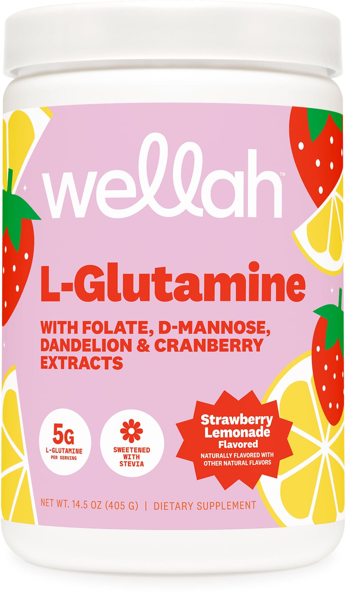 Wellah L-Glutamine Powder front view with Strawberry Lemonade flavour