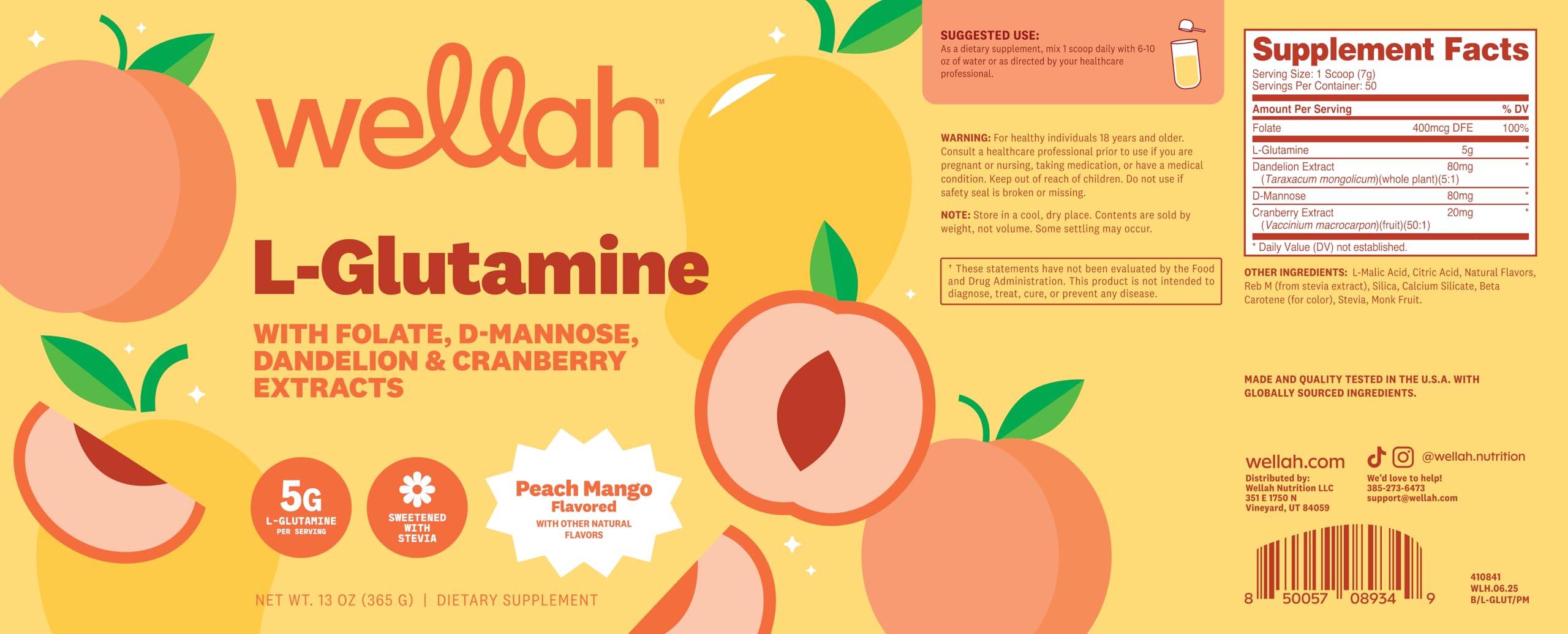 Wellah L-Glutamine Powder nutritional information label