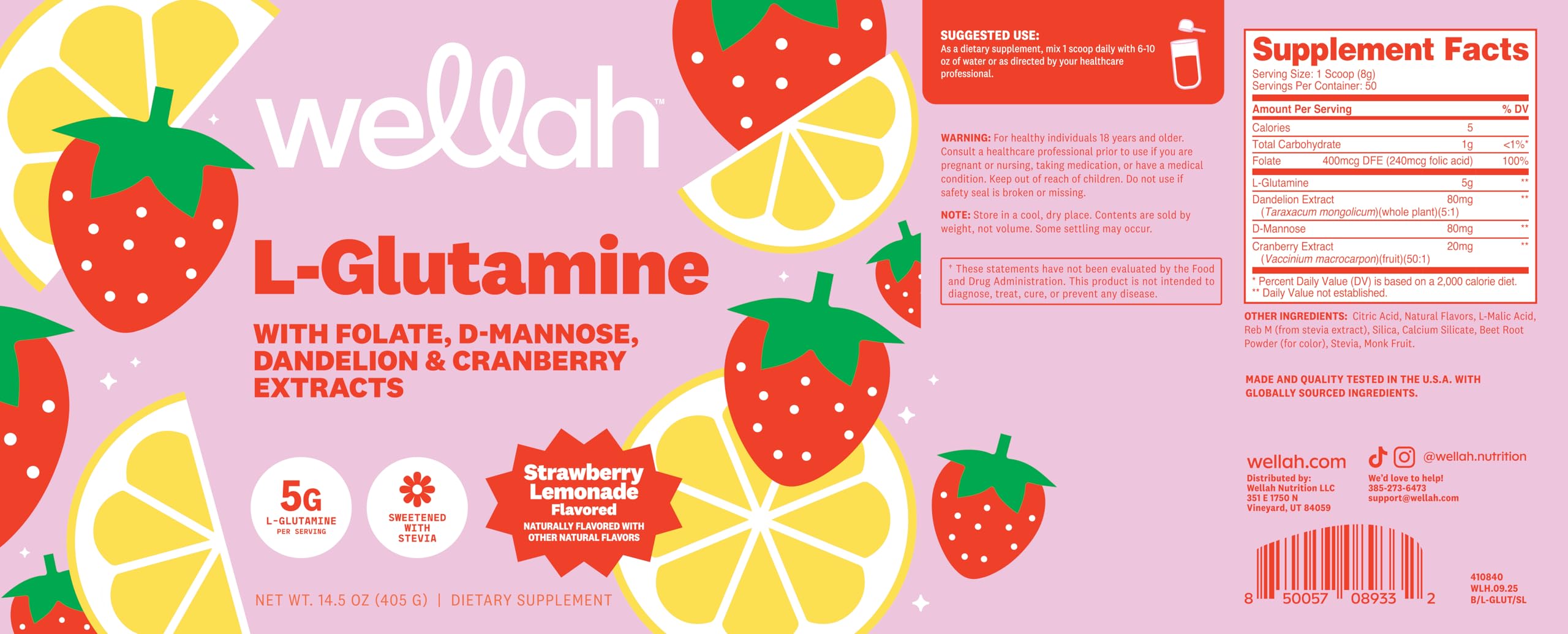 Wellah L-Glutamine Powder nutritional information on packaging