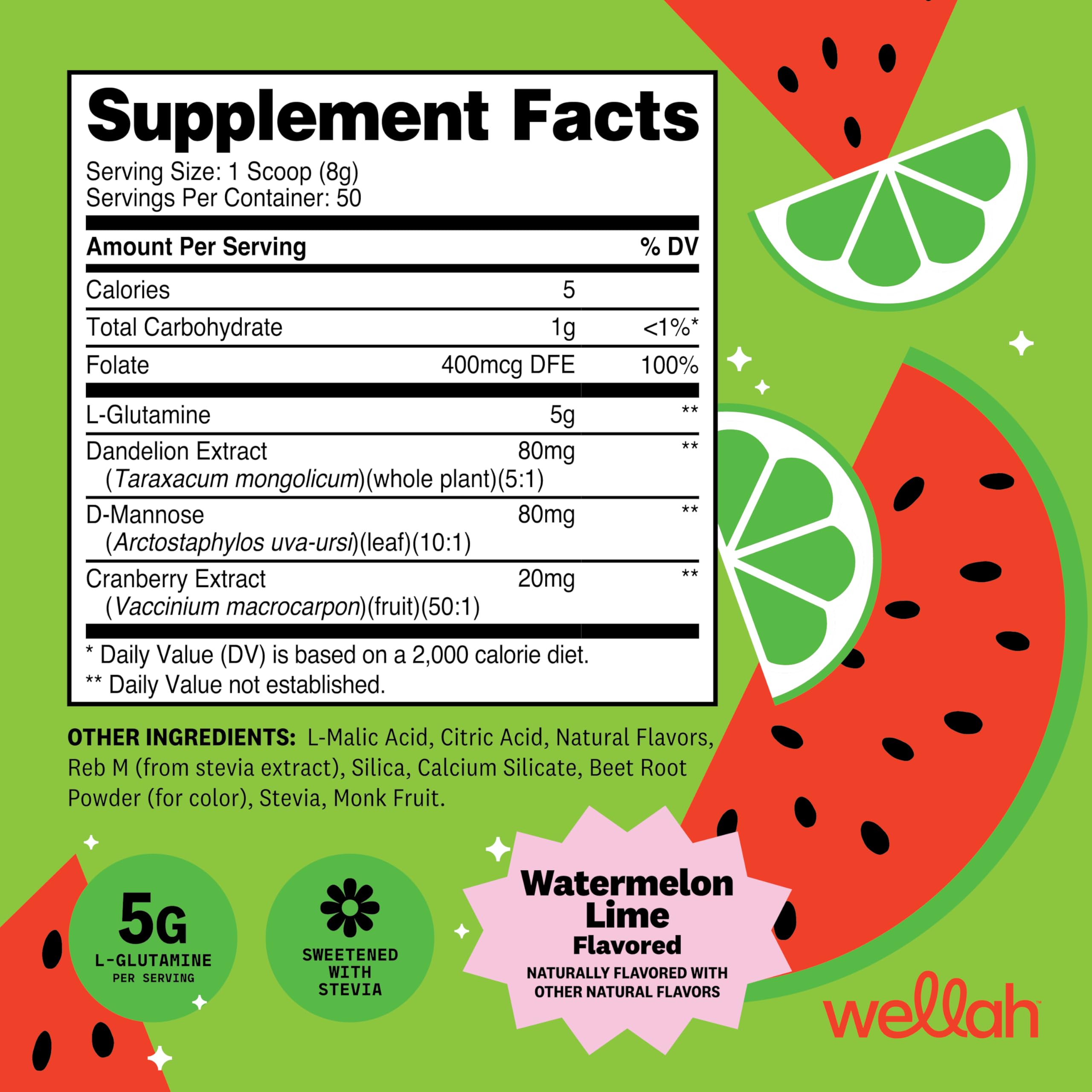 Wellah L-Glutamine Powder packaging showing nutritional information