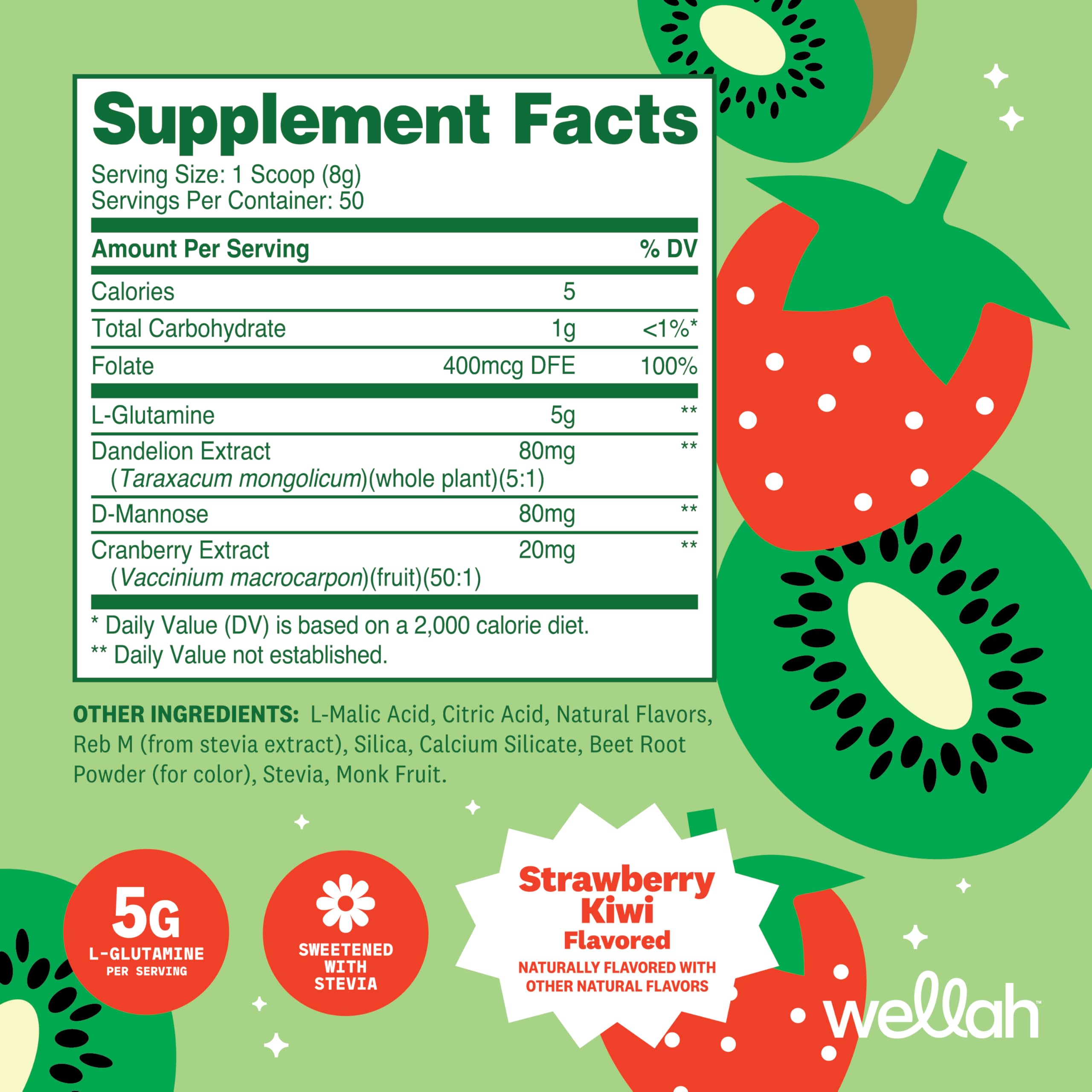 Wellah L-Glutamine Supplement 5G Strawberry Kiwi container side view