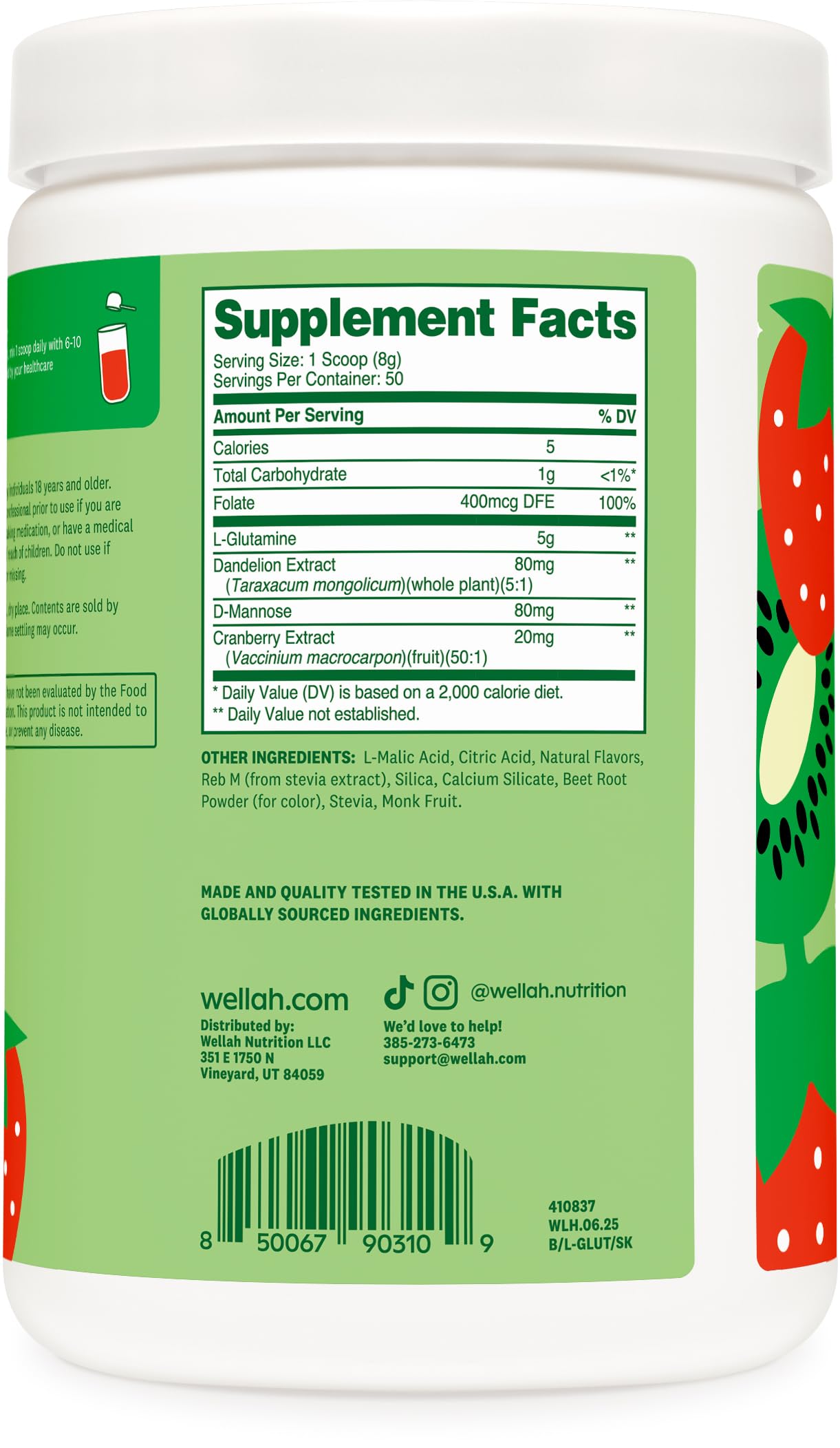 Wellah L-Glutamine Supplement 5G Strawberry Kiwi powder scoop