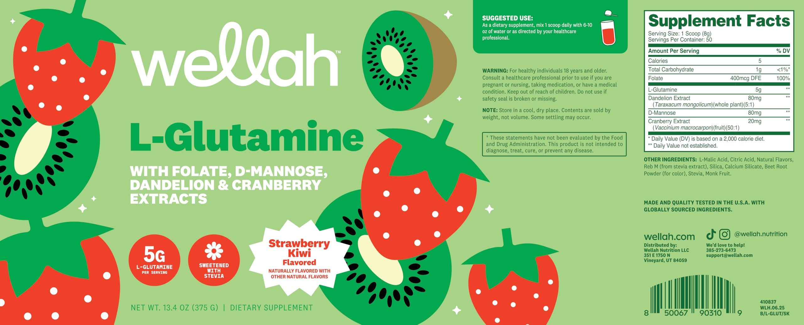 Wellah L-Glutamine Supplement 5G Strawberry Kiwi serving suggestion