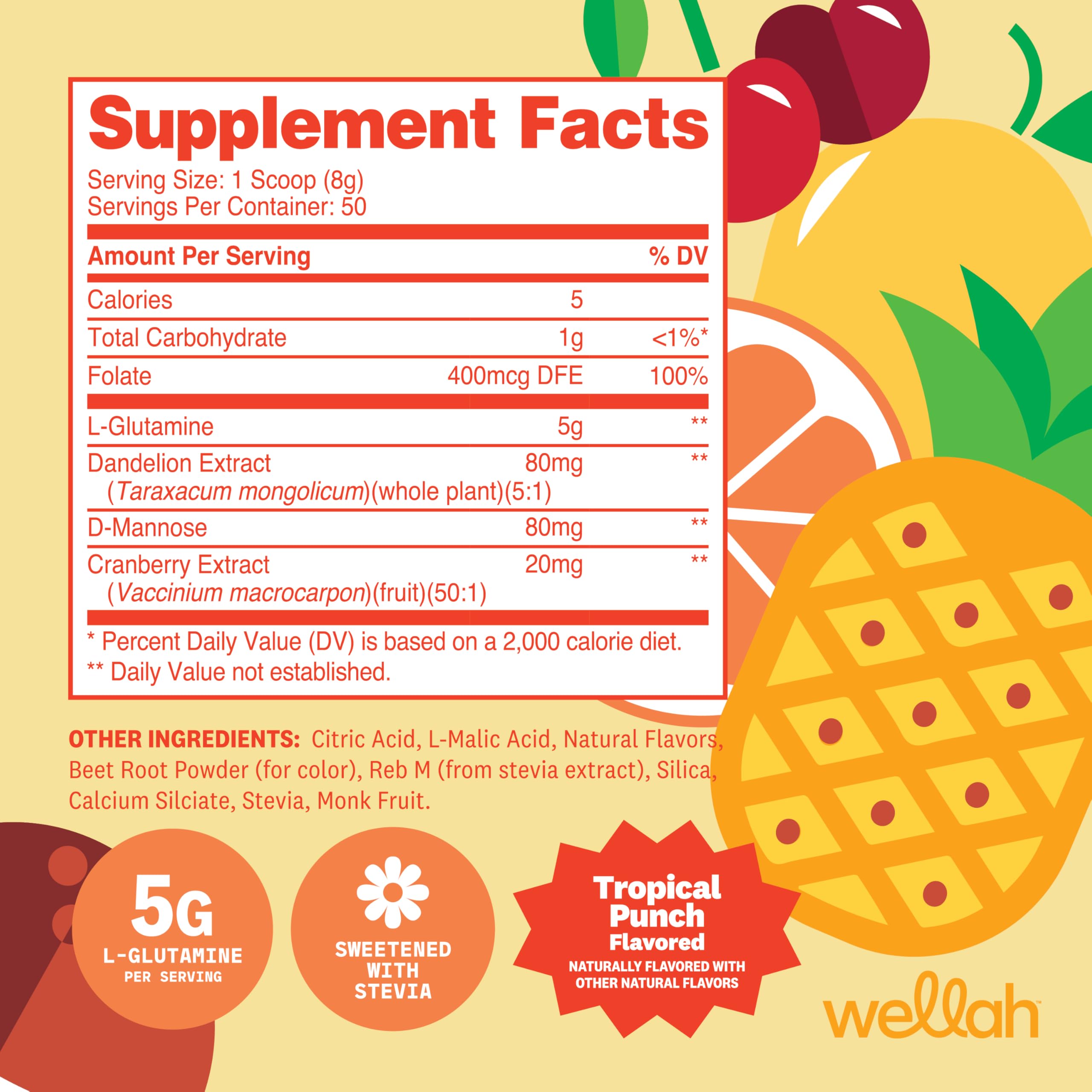 Wellah L-Glutamine Tropical Punch supplement back view with ingredients