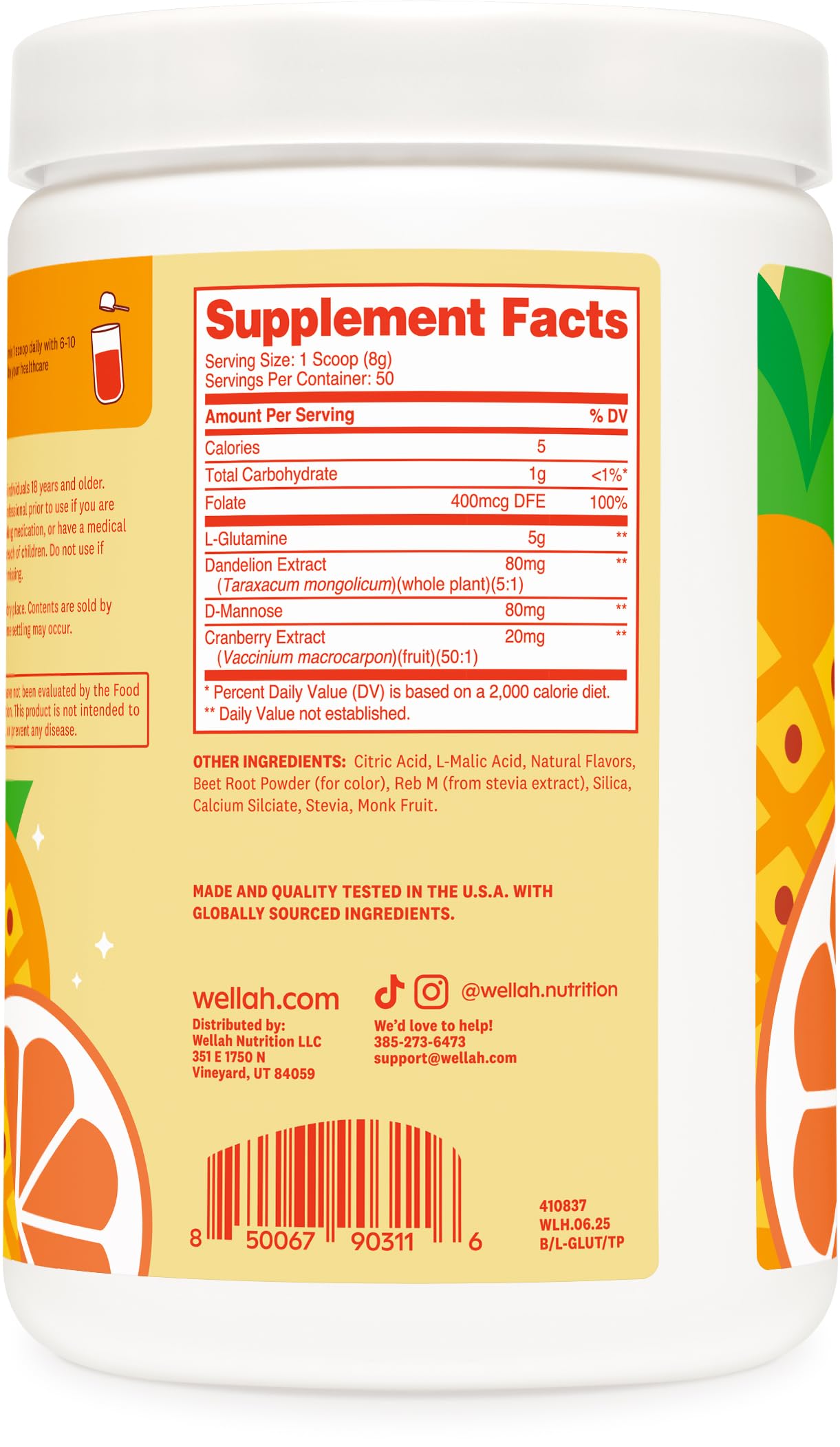 Wellah L-Glutamine Tropical Punch supplement in a glass with water