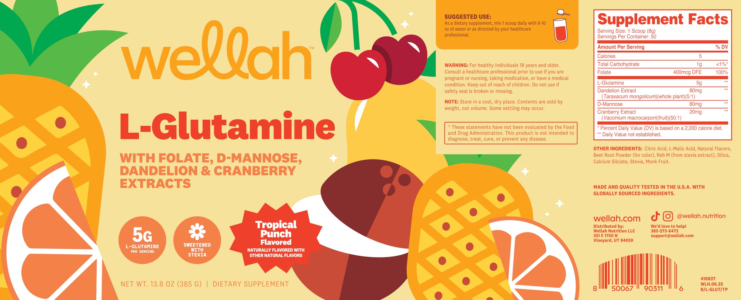 Wellah L-Glutamine Tropical Punch supplement packaging on a kitchen counter