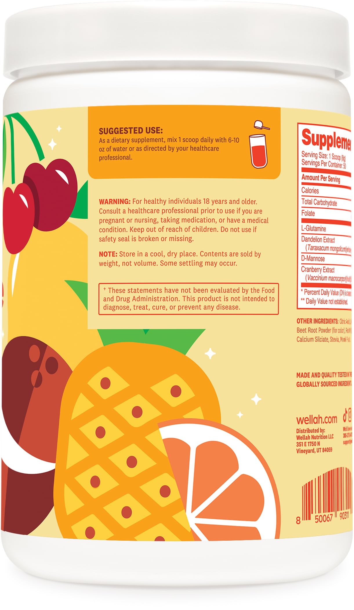 Wellah L-Glutamine Tropical Punch supplement side view showing serving size