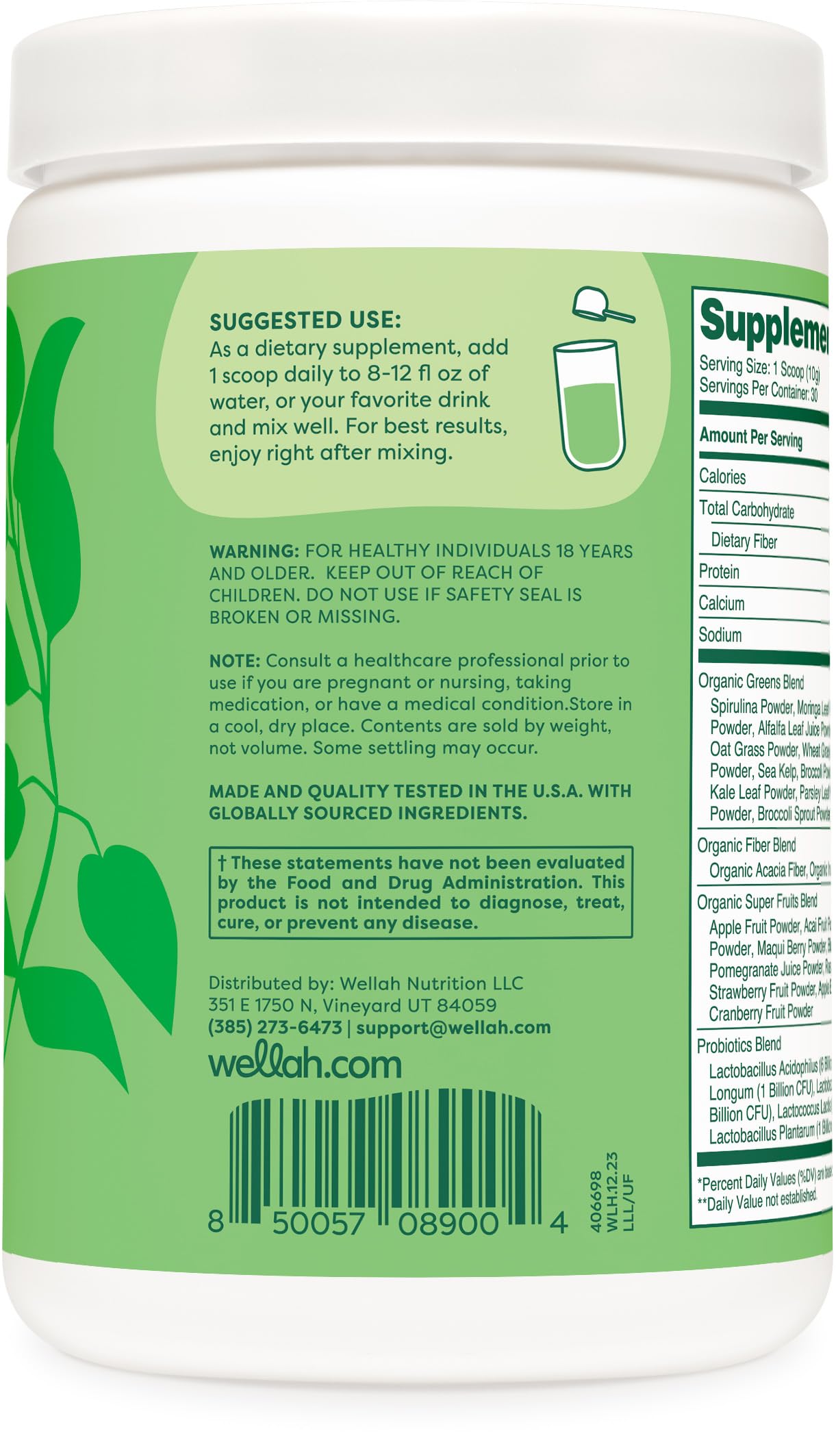 Wellah Leaf Laugh Love Super Greens 390g mixed in a smoothie