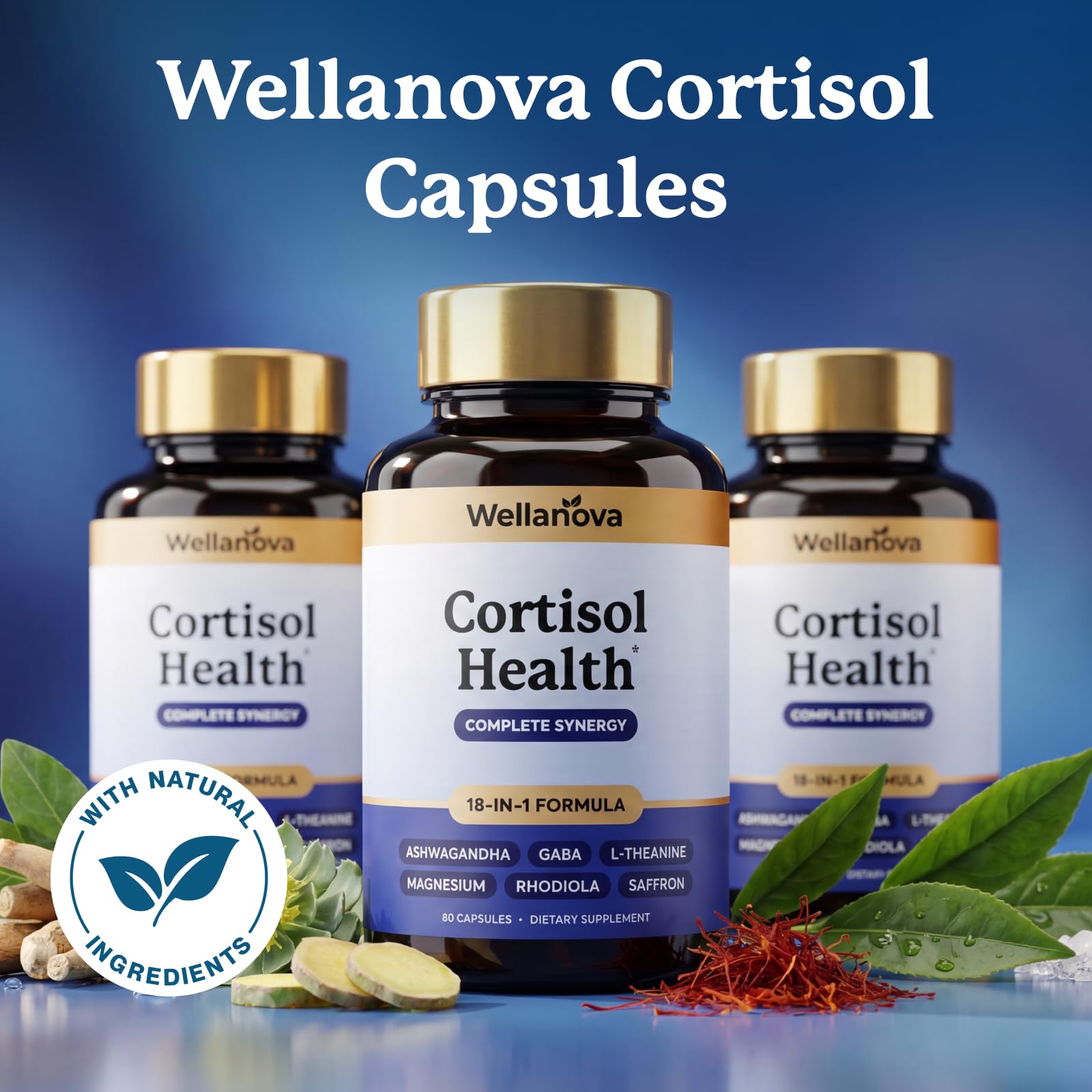 Wellanova Cortisol Supplement displayed with other vitamins