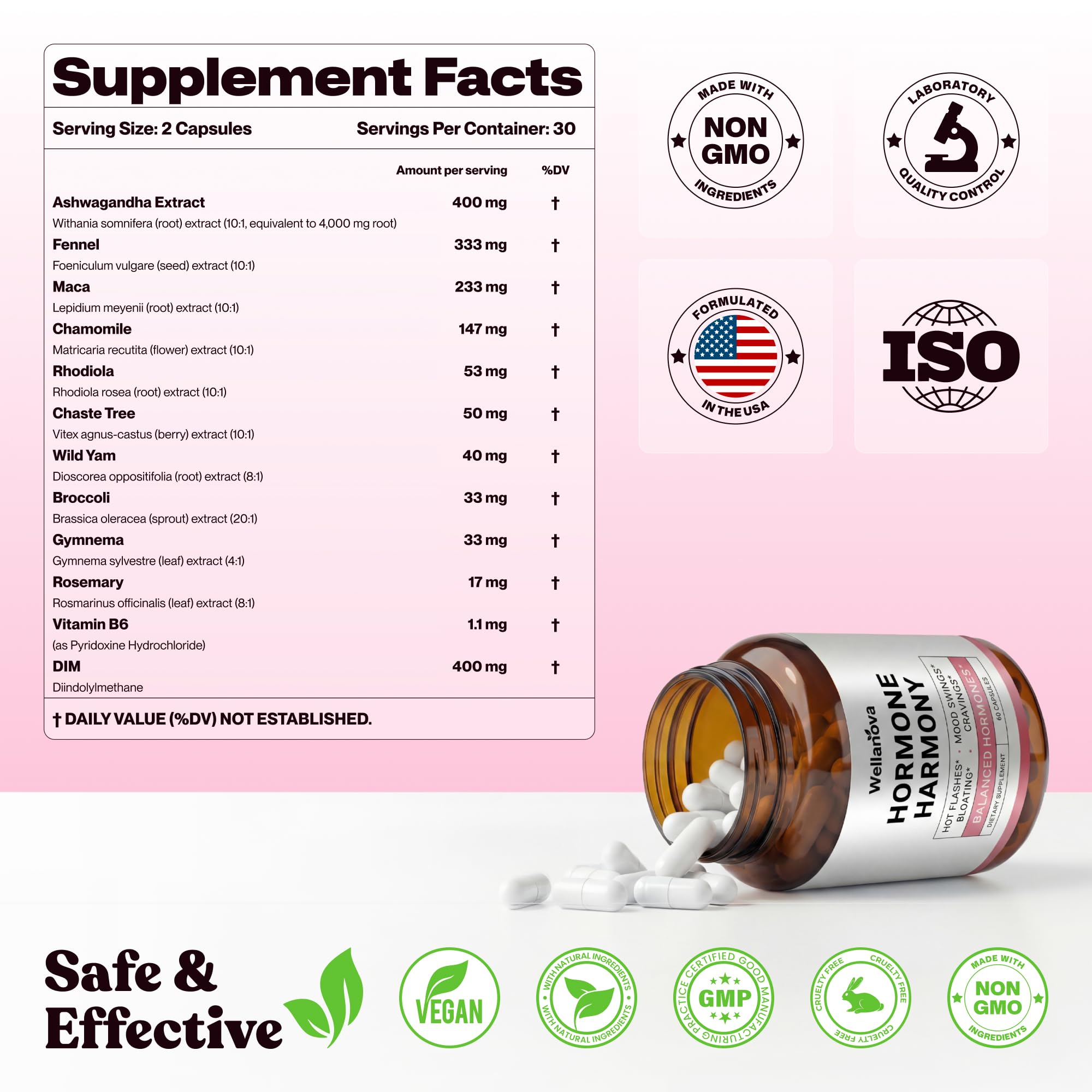 Wellanova Harmony Daily Supplement capsules on a wooden surface