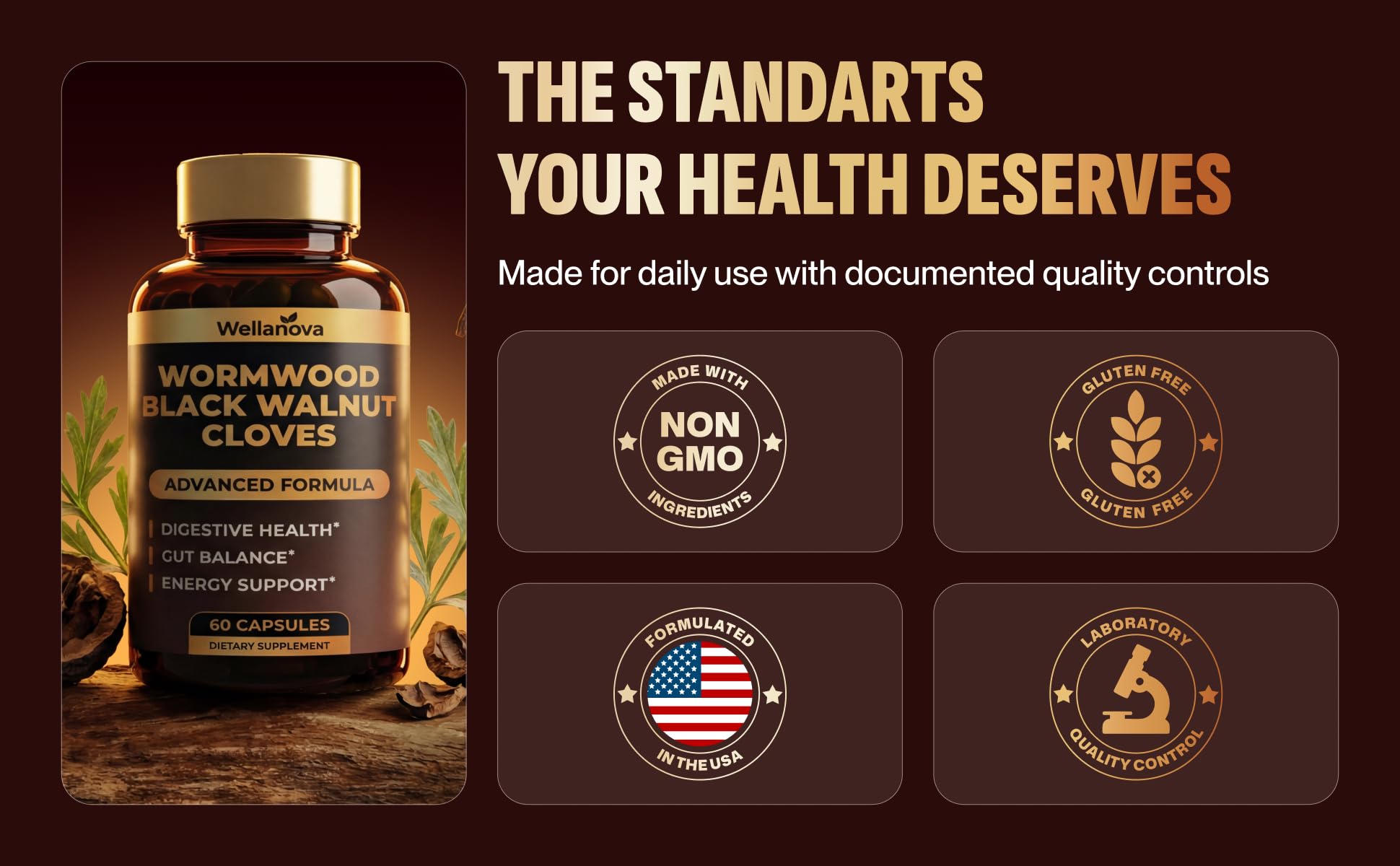 Wellanova Herbal Cleanse Capsules on a wooden table