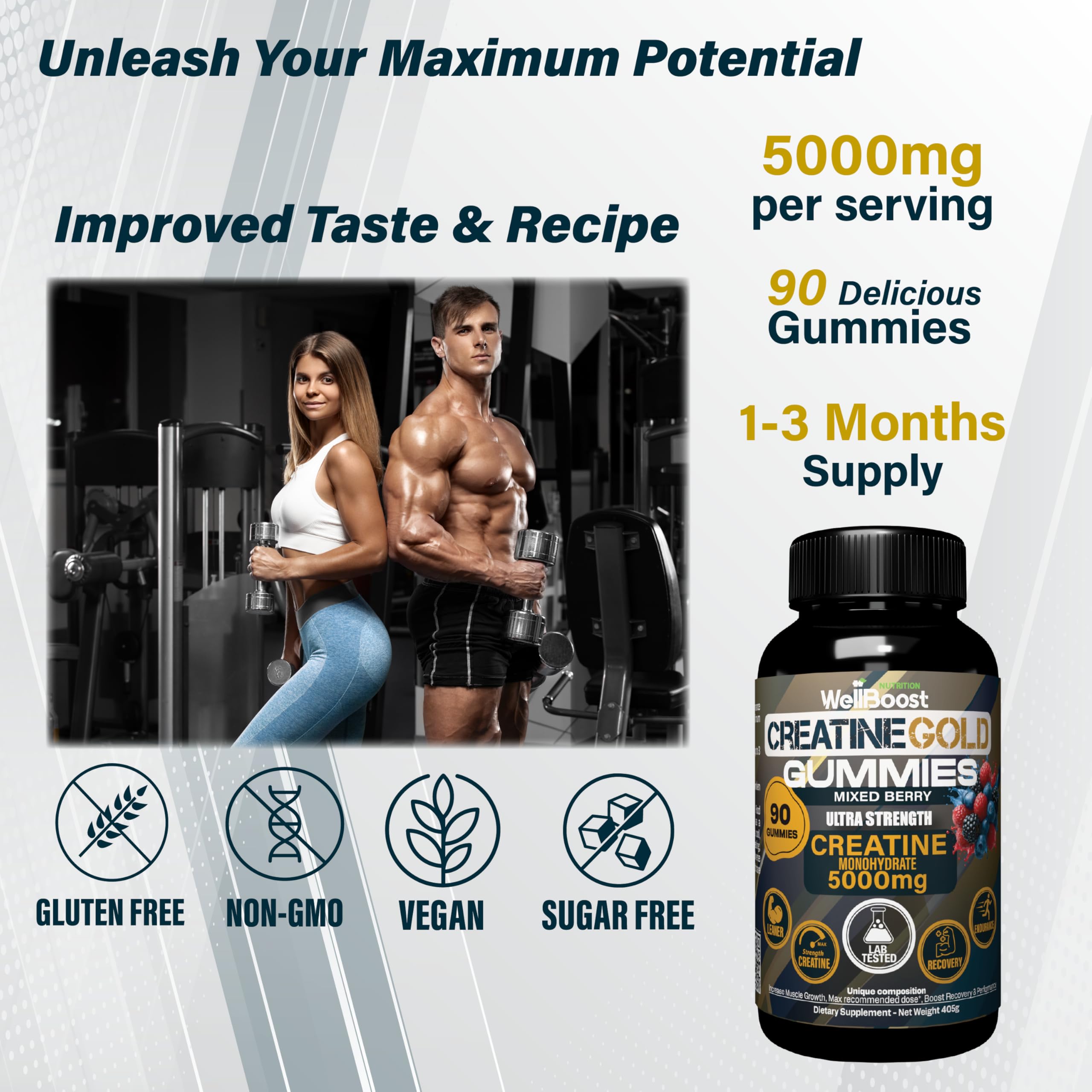 WellBoost Creatine Monohydrate 5000mg mixed berry flavour in a glass