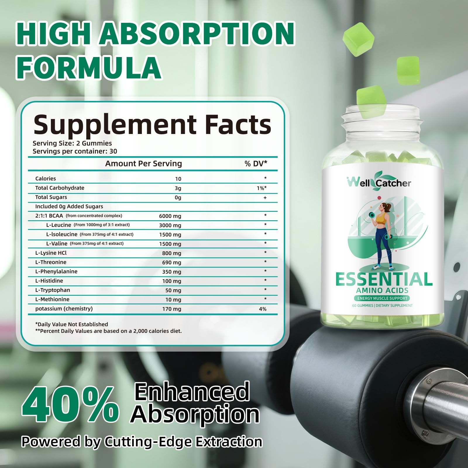 Wellcatcher Amino Acid Gummies green apple flavour close-up