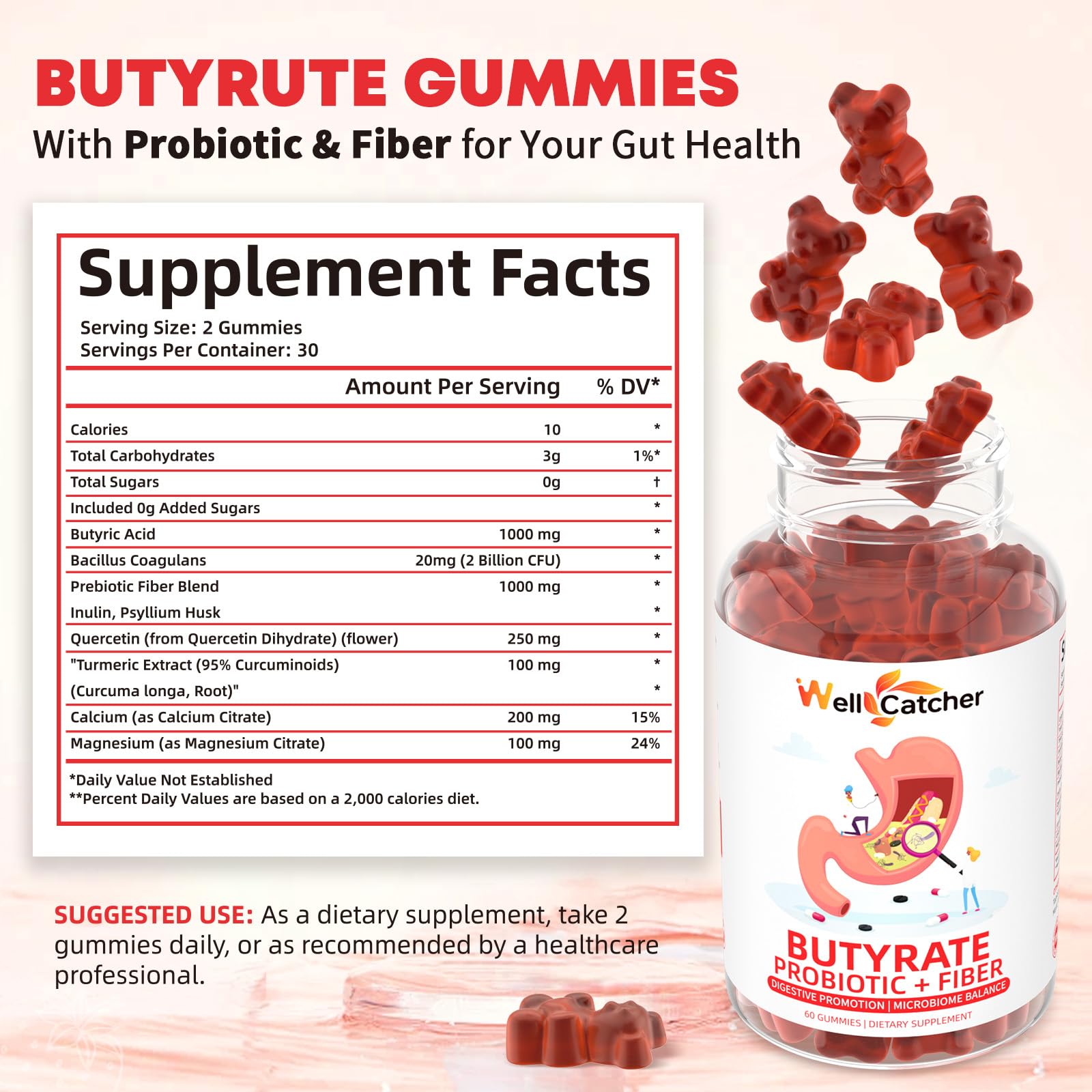 Wellcatcher Butyrate Gummies packaging with hawthorn flavour