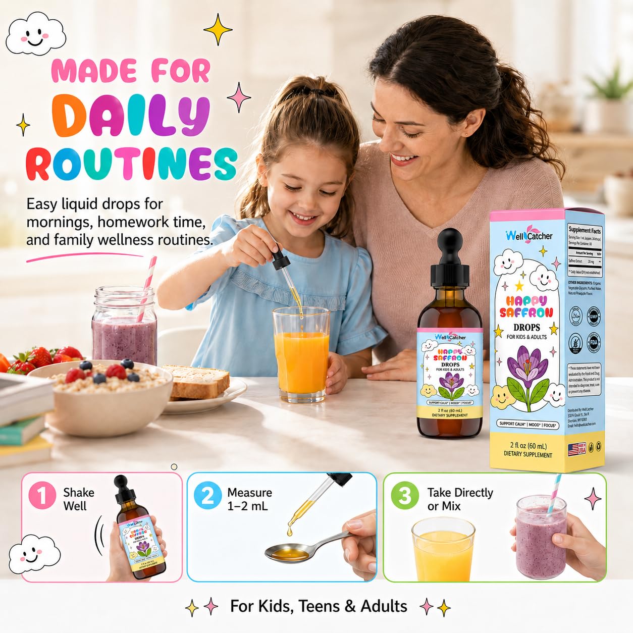 Wellcatcher Happy Saffron Drops 2 Fl Oz in a glass of water