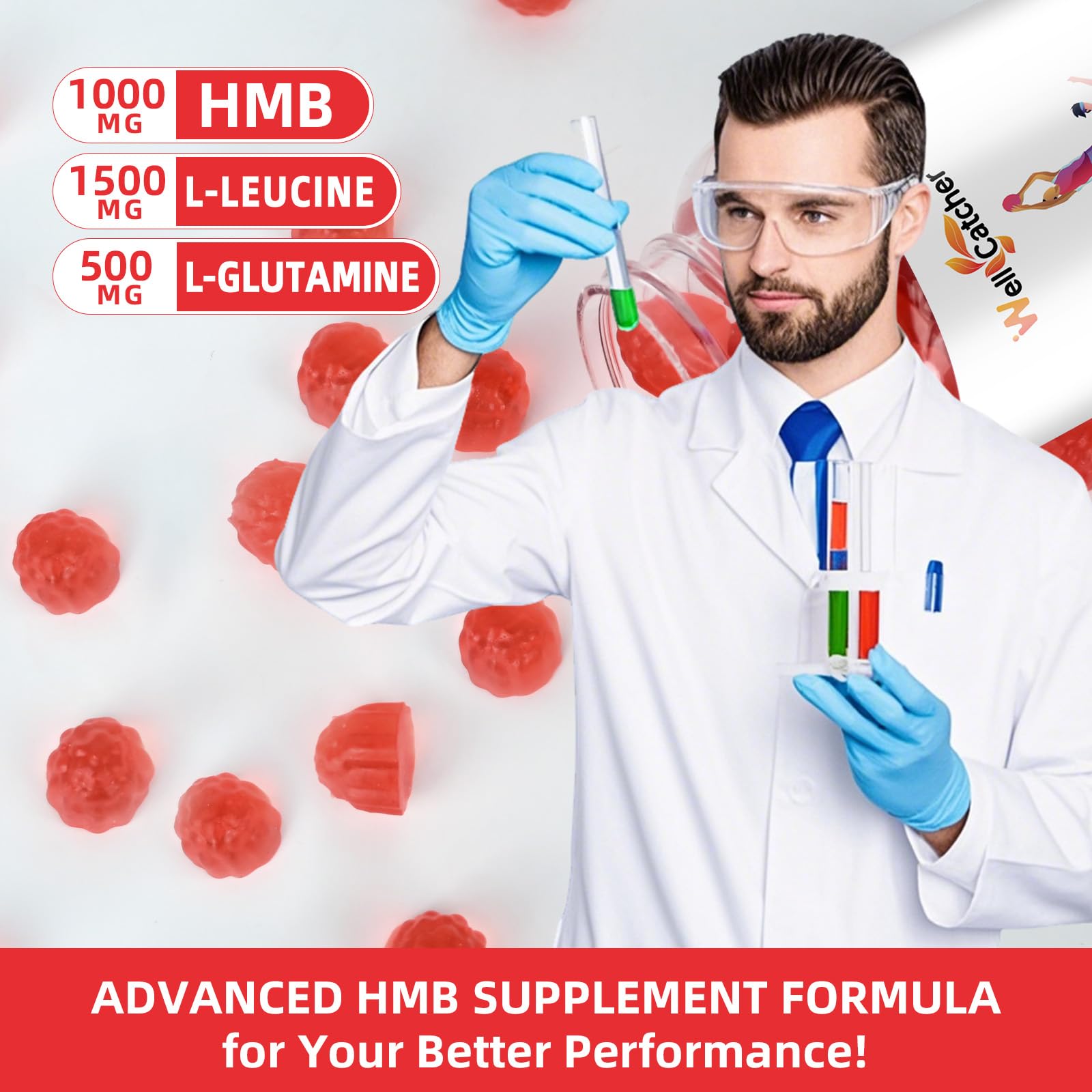 Wellcatcher HMB & Leucine Gummies displayed with other supplements