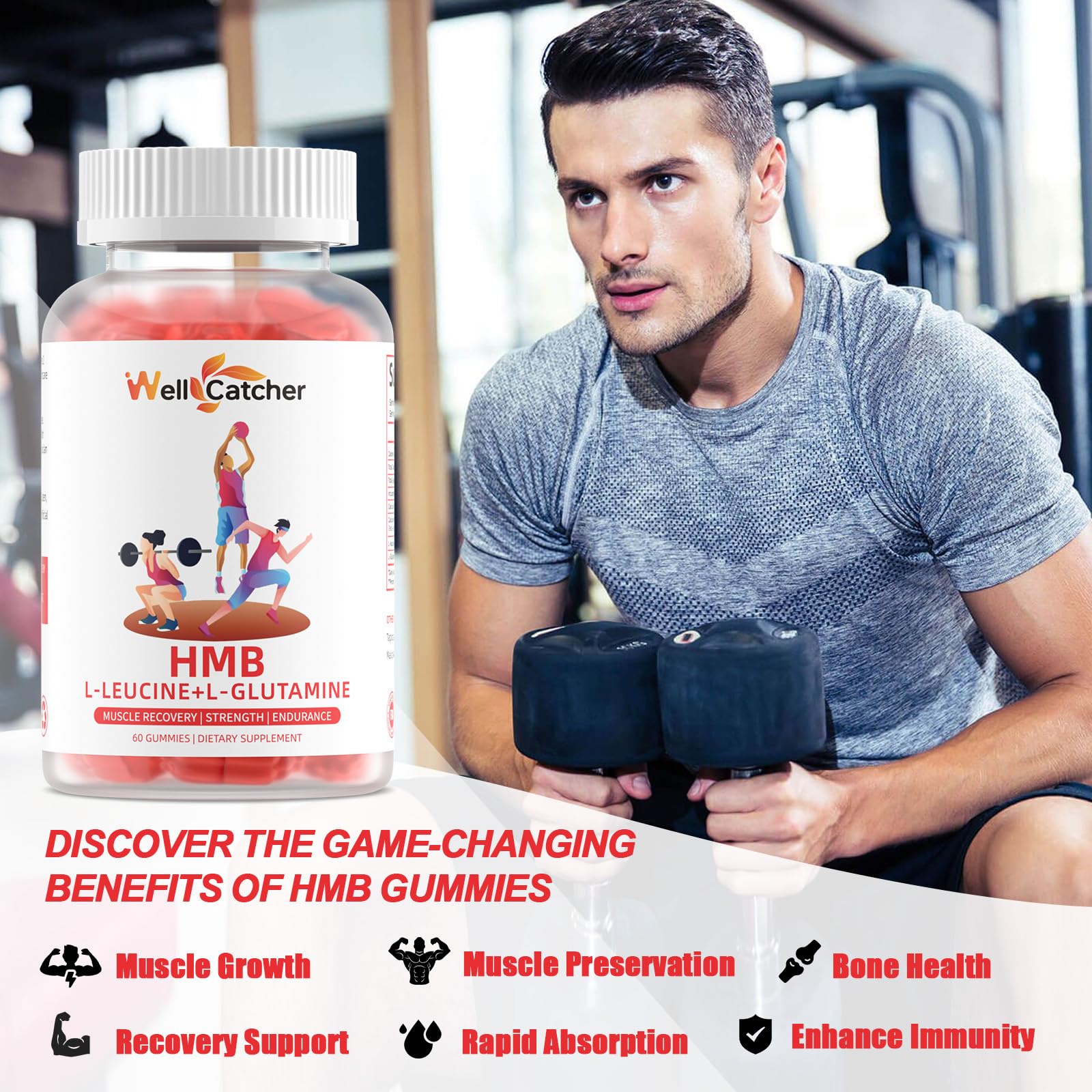 Wellcatcher HMB & Leucine Gummies in a hand
