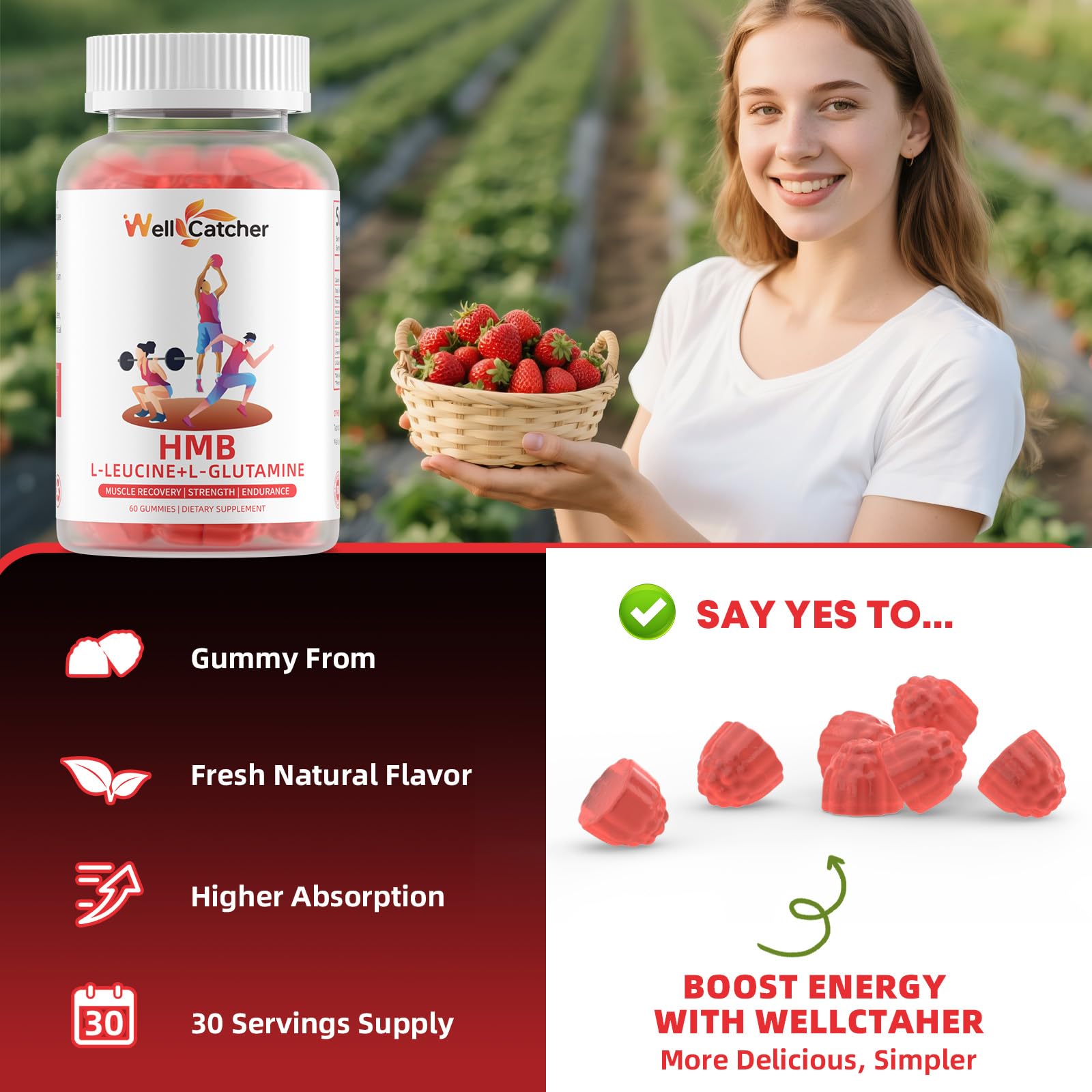 Wellcatcher HMB & Leucine Gummies with fresh strawberries