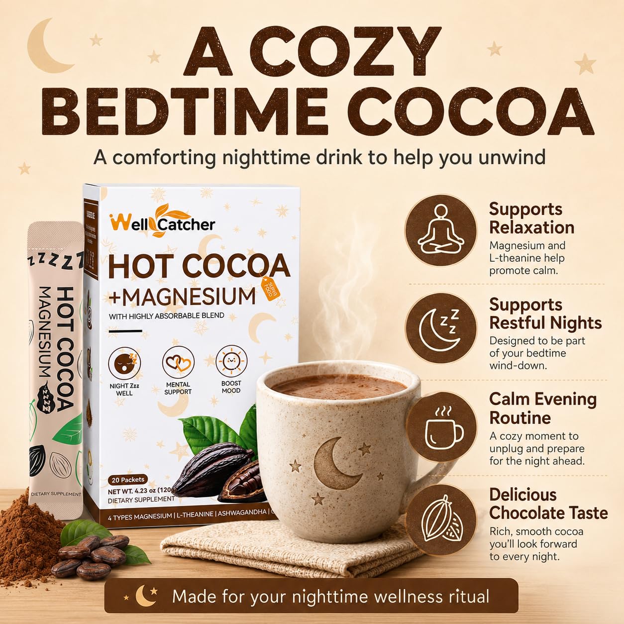 Wellcatcher Hot Cocoa Sleep Supplement single-serve pack
