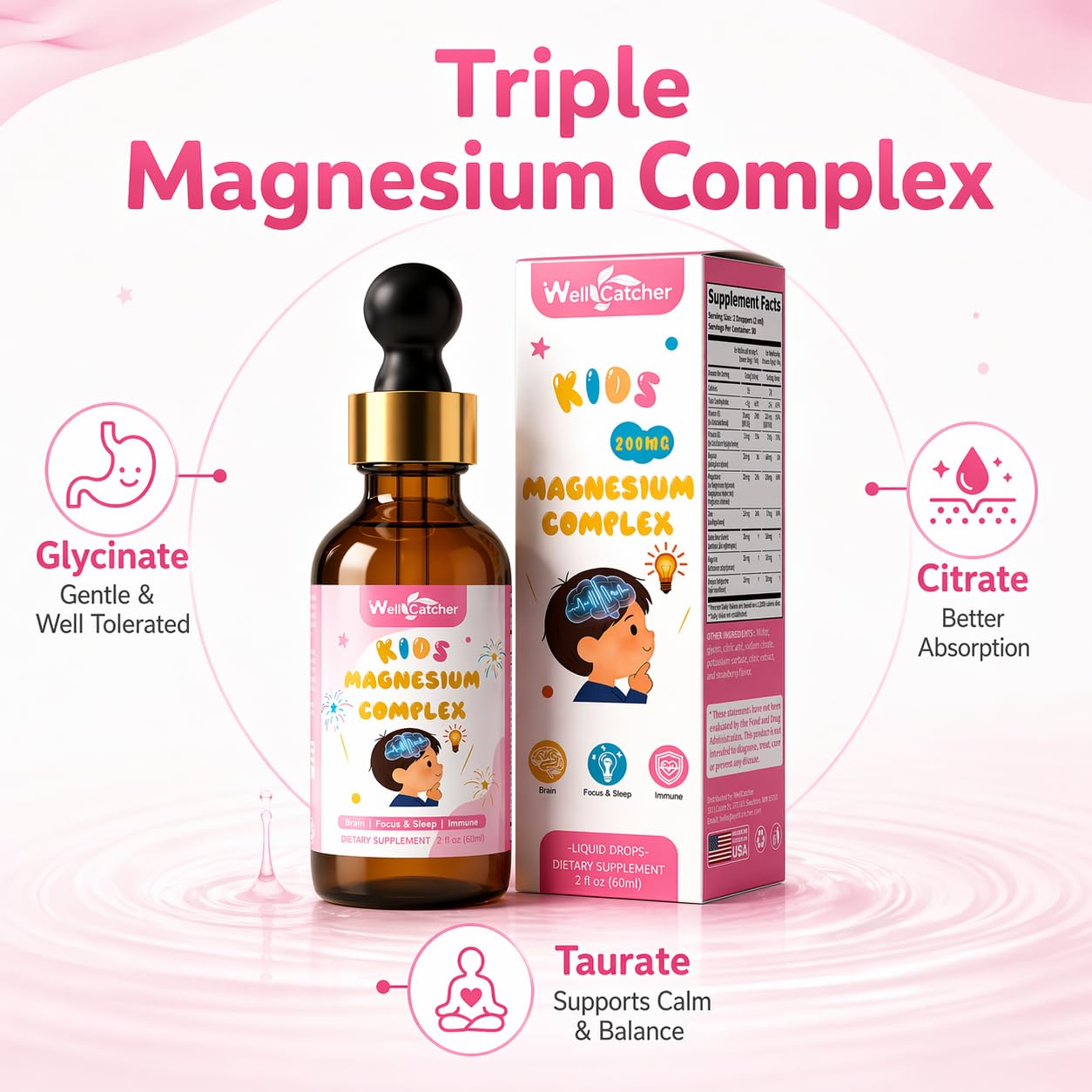 Wellcatcher Magnesium Drops for Kids 150g pouring into a spoon