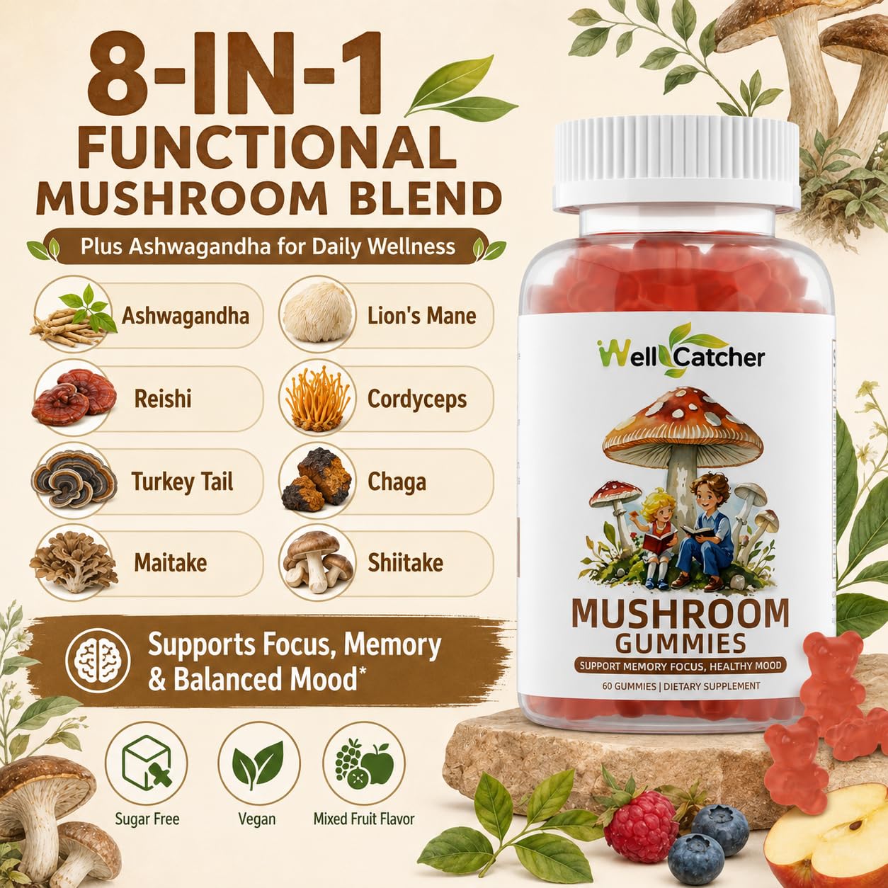 Wellcatcher Mushroom Gummies on a wooden table