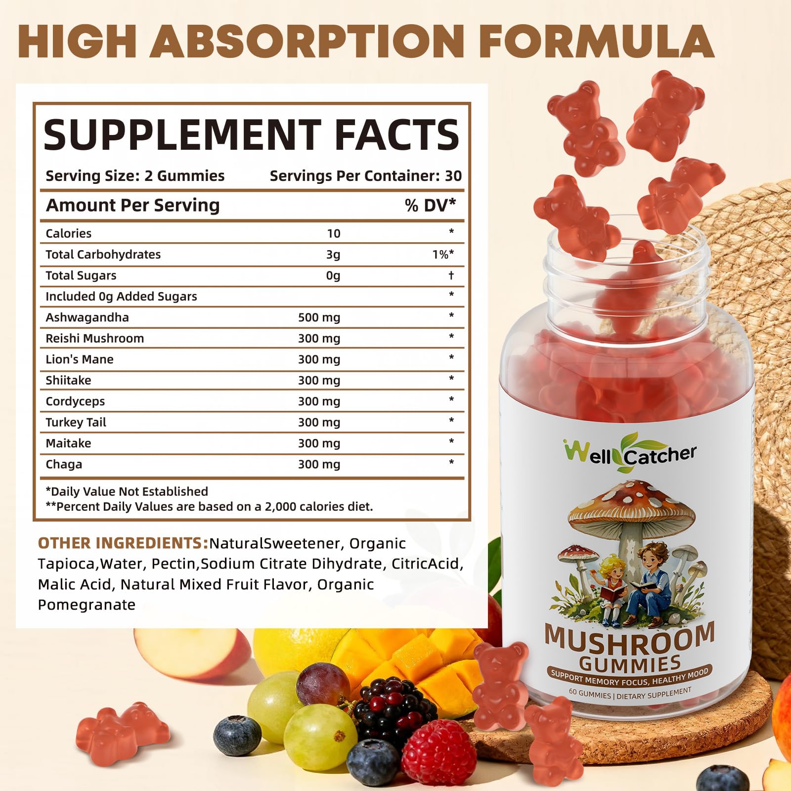 Wellcatcher Mushroom Gummies showing ingredients list