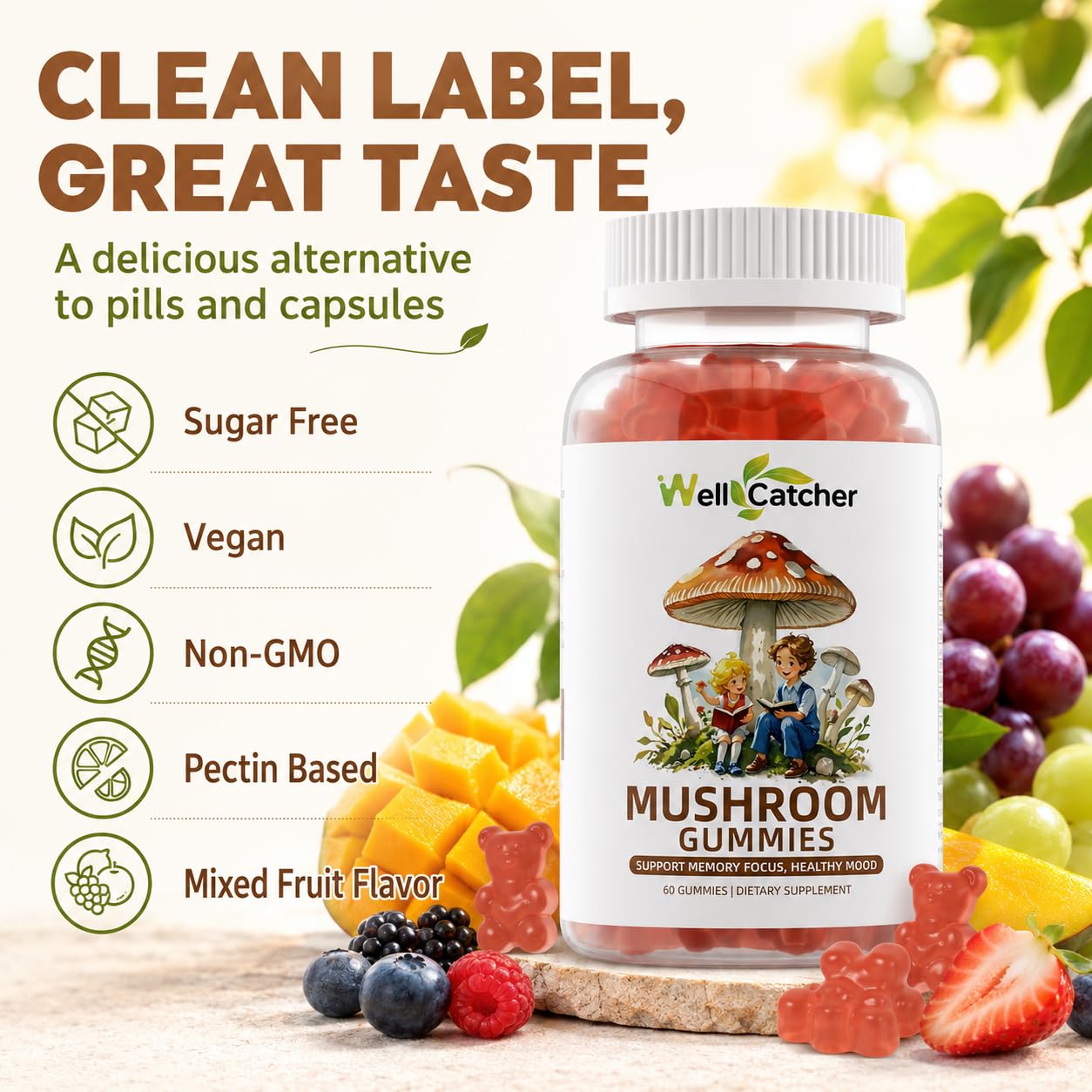 Wellcatcher Mushroom Gummies with fruits