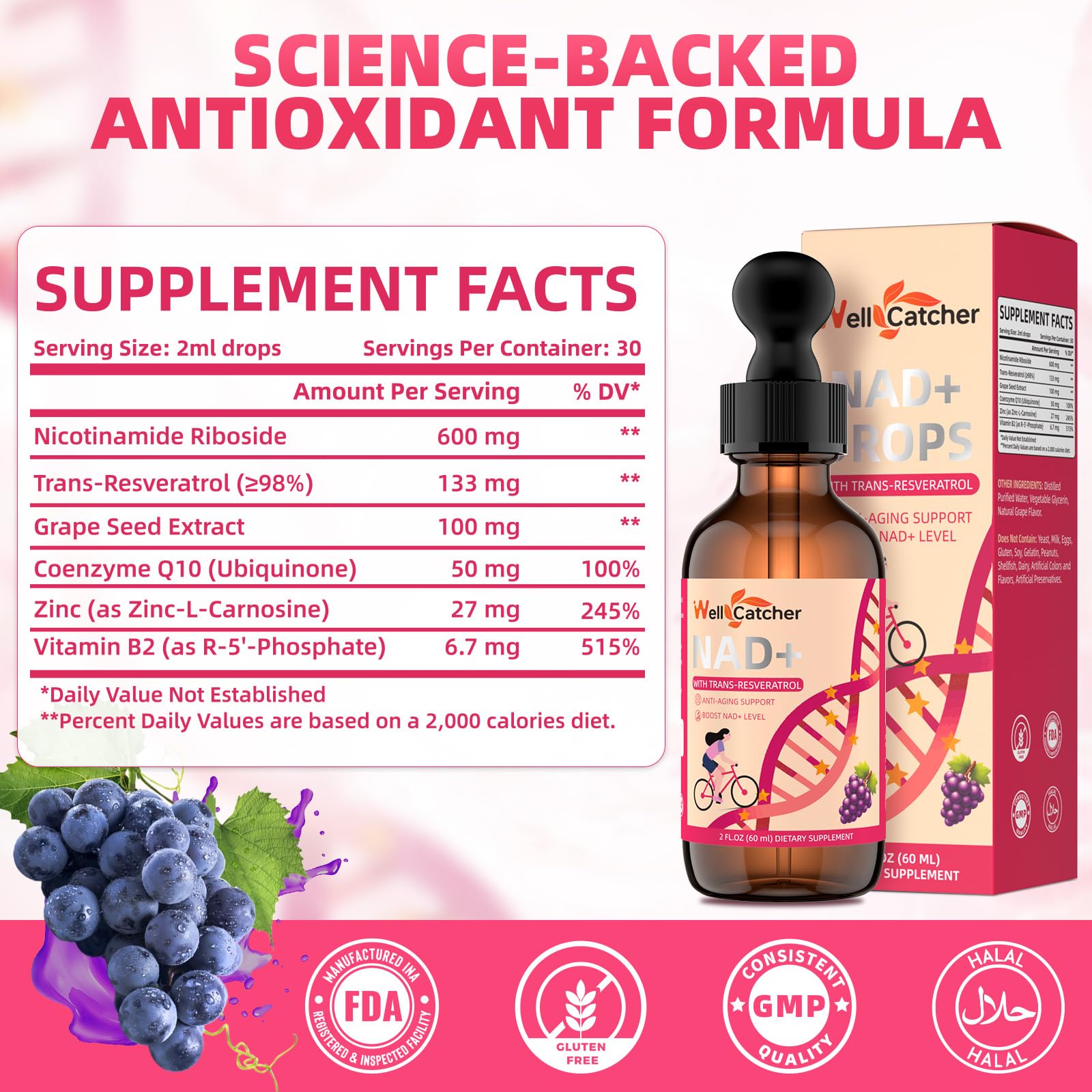 Wellcatcher NAD+ Liquid Supplement 600mg bottle side view
