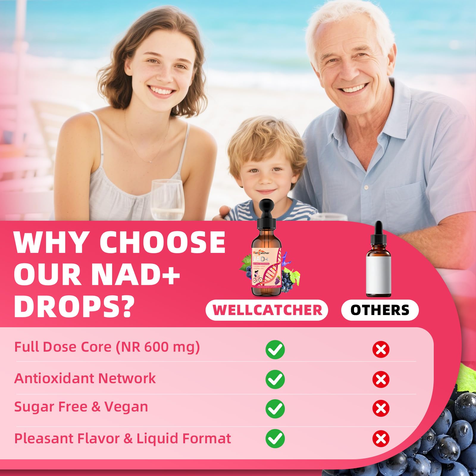 Wellcatcher NAD+ Liquid Supplement 600mg liquid in glass